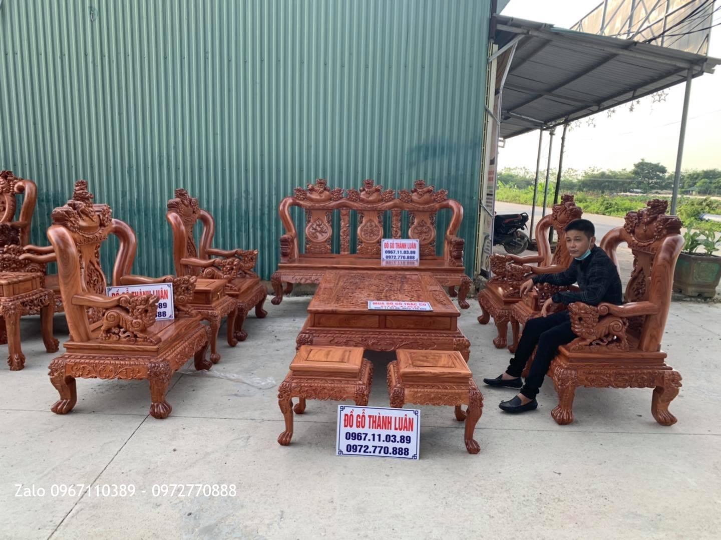 Bộ Bàn Ghế Minh Quốc Nghê Gỗ Hương Đá Cột 12 Gồm 10 Món Víp.;