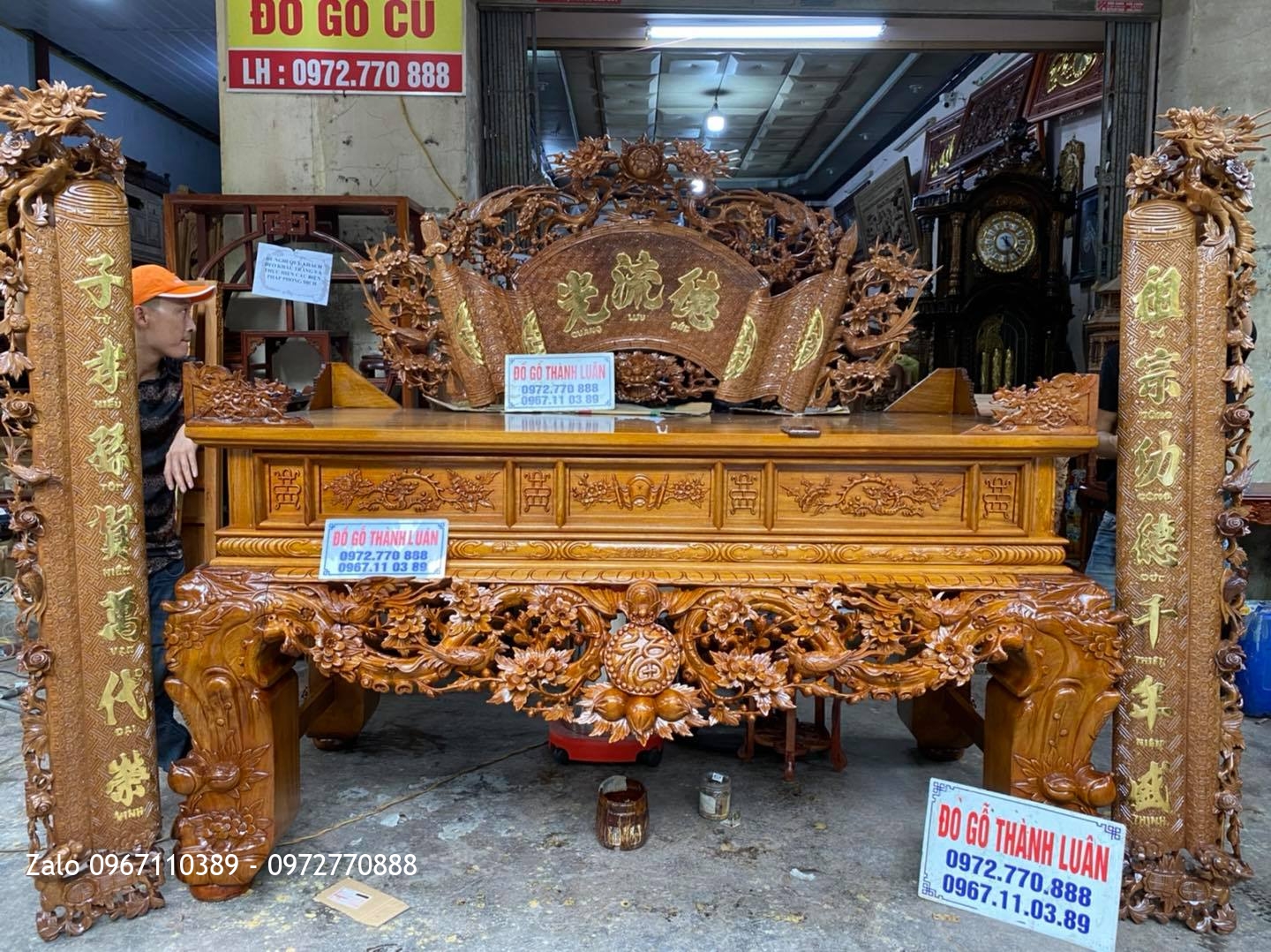 Bộ sập thờ gỗ gụ mai điểu chân 24