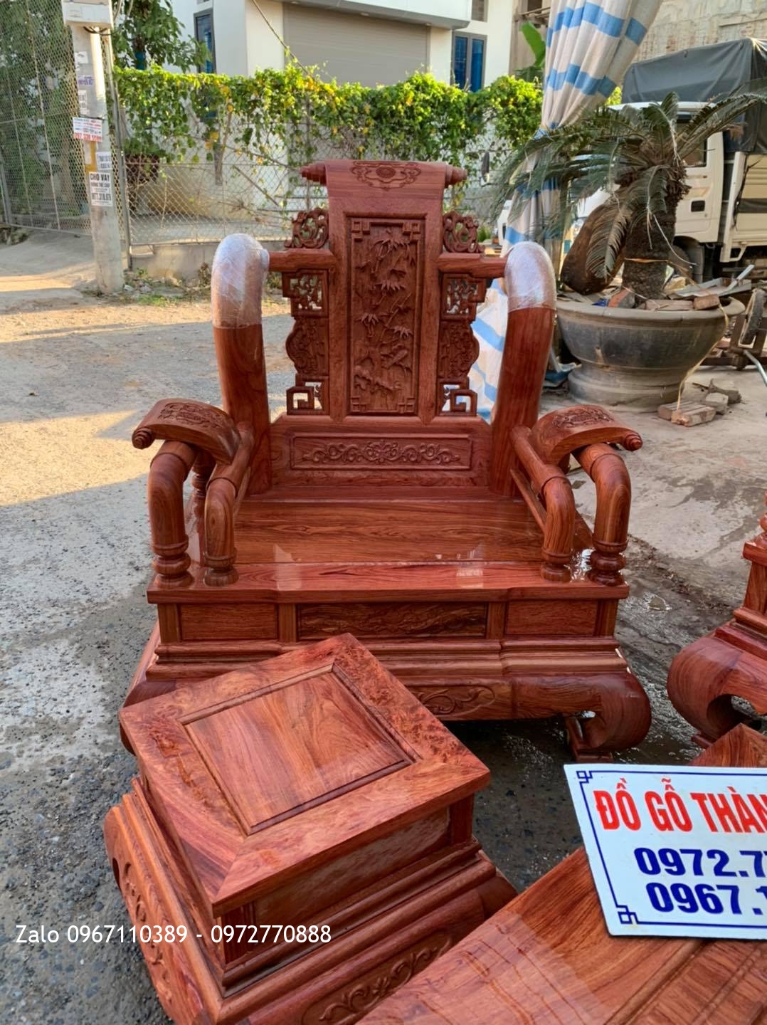 Bộ Bàn Ghế Tần Thuỷ Hoàng Gỗ Hương Đá Cột 12 Gồm 6 Món