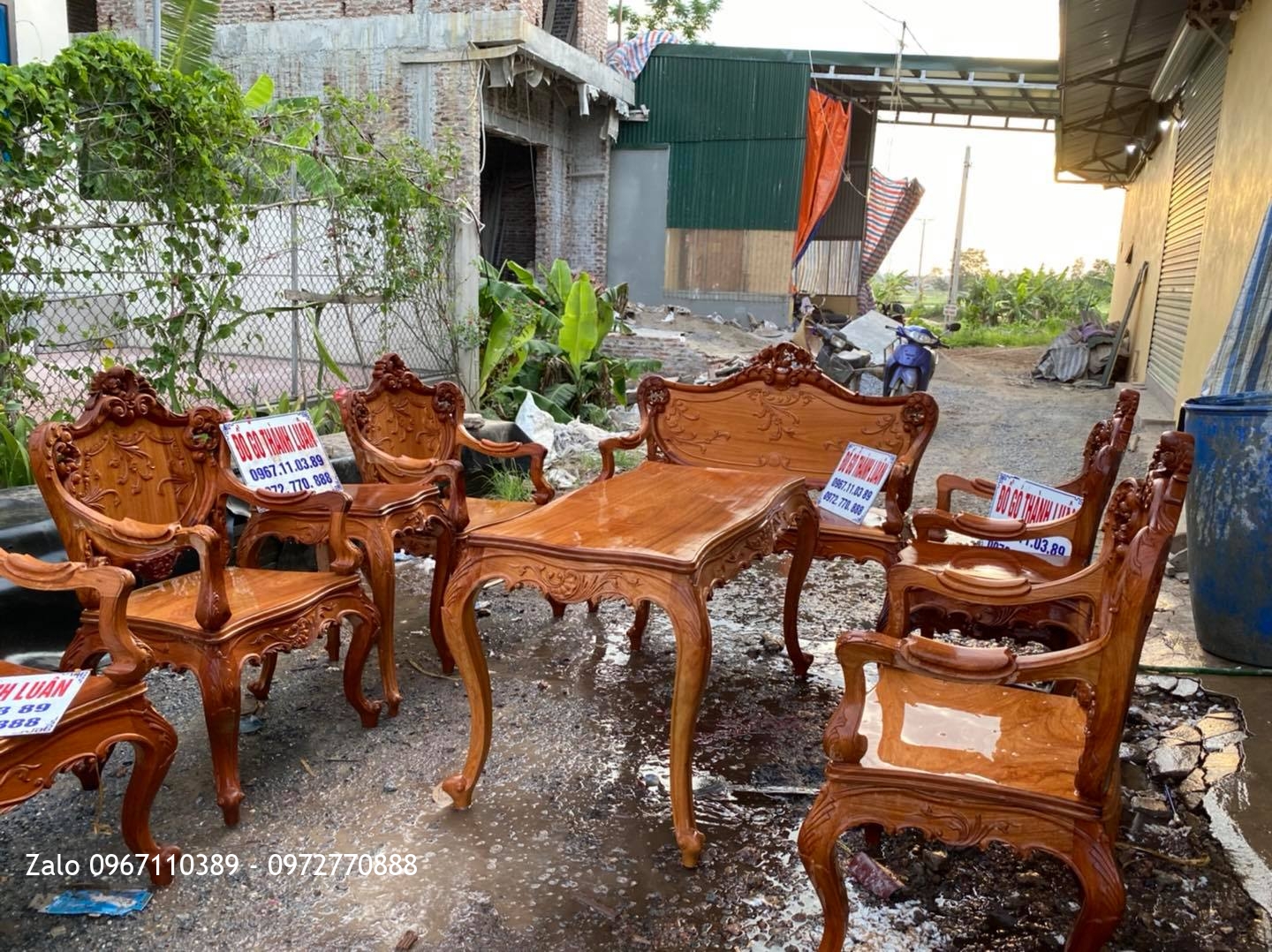 Bộ Bàn Ghế Lu-i (Louis) Gỗ Gõ Đỏ Mặt Tràn 9 Món