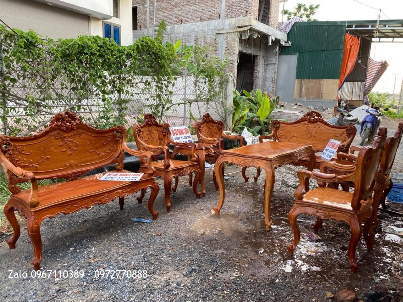 Bộ Bàn Ghế Lu-i (Louis) Gỗ Gõ Đỏ Mặt Tràn 9 Món
