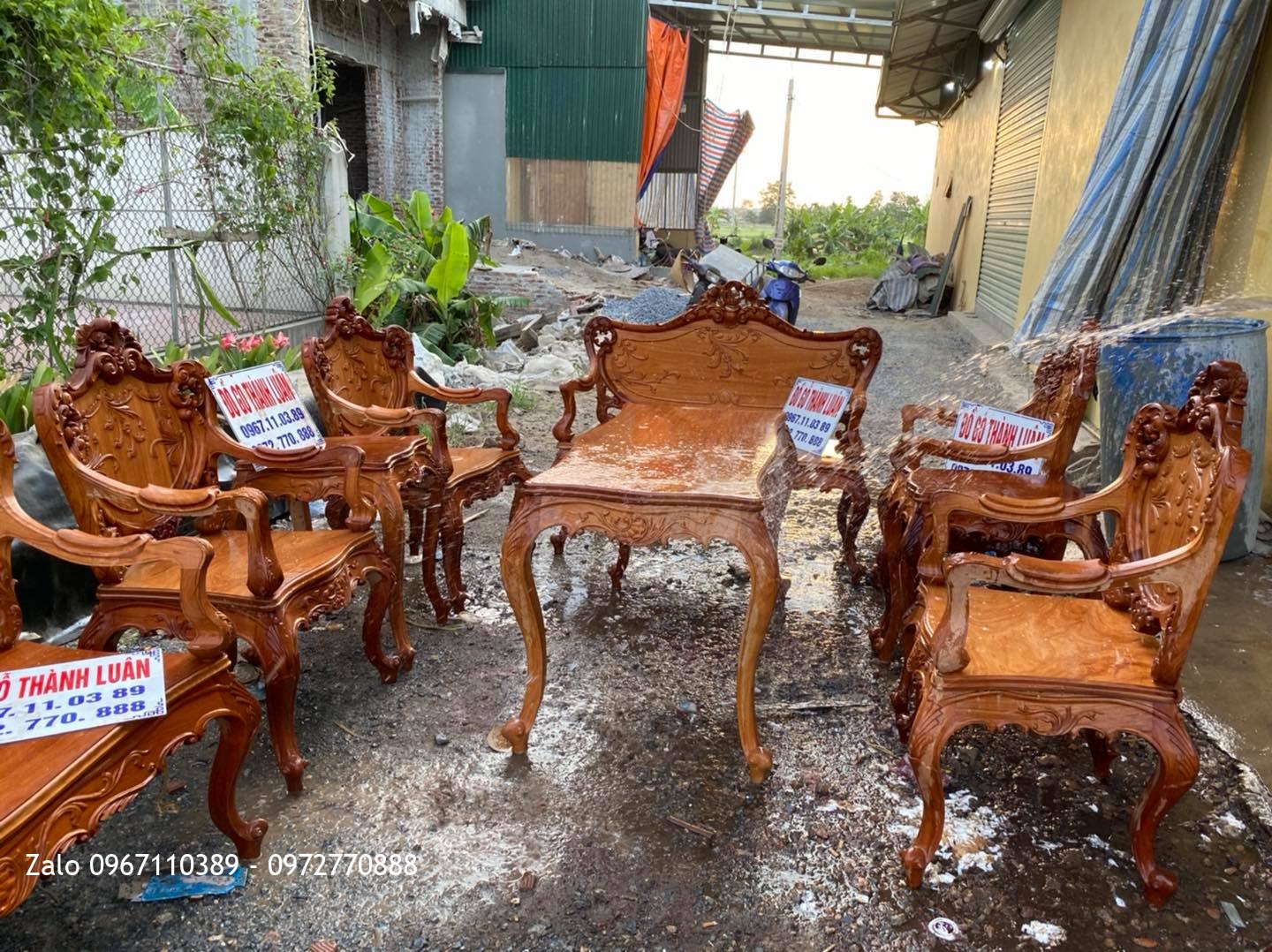 Bộ Bàn Ghế Lu-i (Louis) Gỗ Gõ Đỏ Mặt Tràn 9 Món: