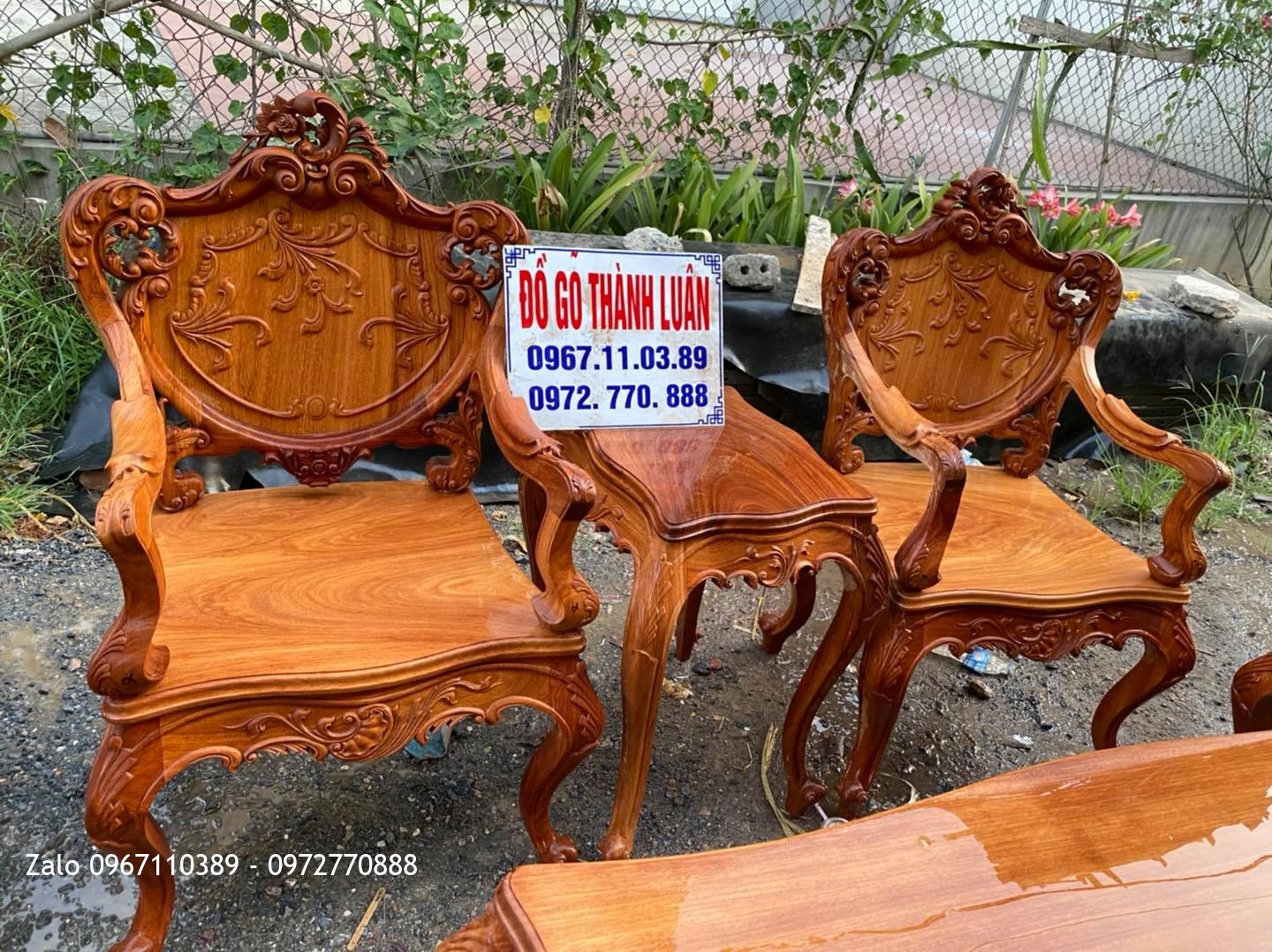 Bộ Bàn Ghế Lu-i (Louis) Gỗ Gõ Đỏ Mặt Tràn 9 Món:;