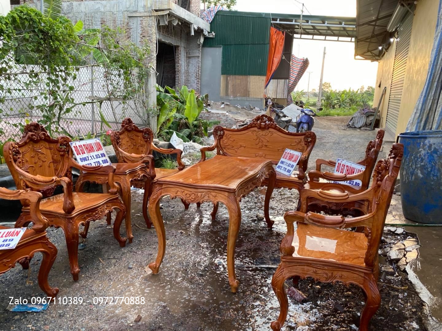Bộ Bàn Ghế Lu-i (Louis) Gỗ Gõ Đỏ Mặt Tràn 9 Món: