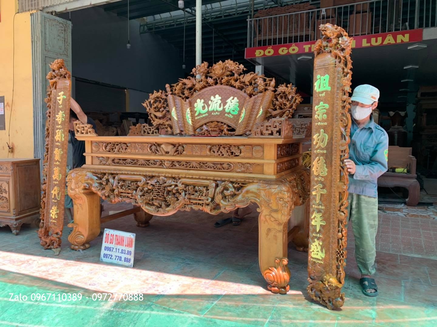 Bộ Sập Thờ Ngũ Phúc Lim Tiền Mai Cài Thọ gỗ gụ khủng.