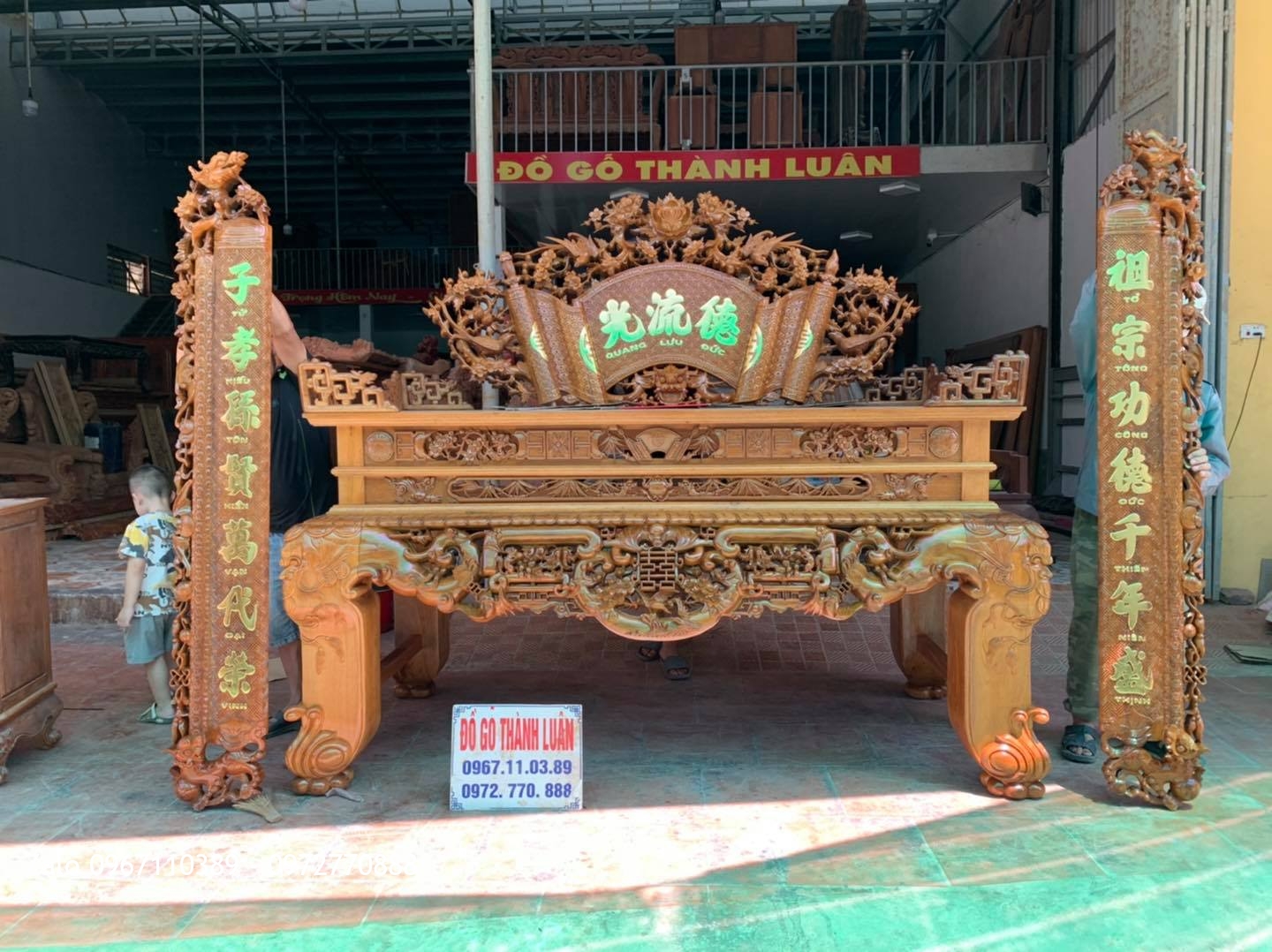 Bộ Sập Thờ Ngũ Phúc Lim Tiền Mai Cài Thọ gỗ gụ khủng.: