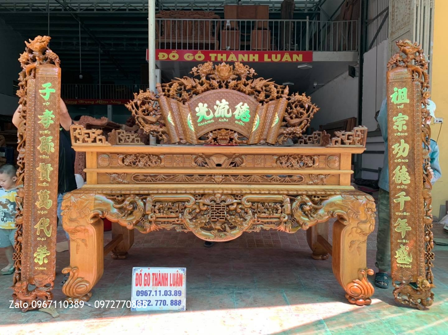 Bộ Sập Thờ Ngũ Phúc Lim Tiền Mai Cài Thọ gỗ gụ khủng