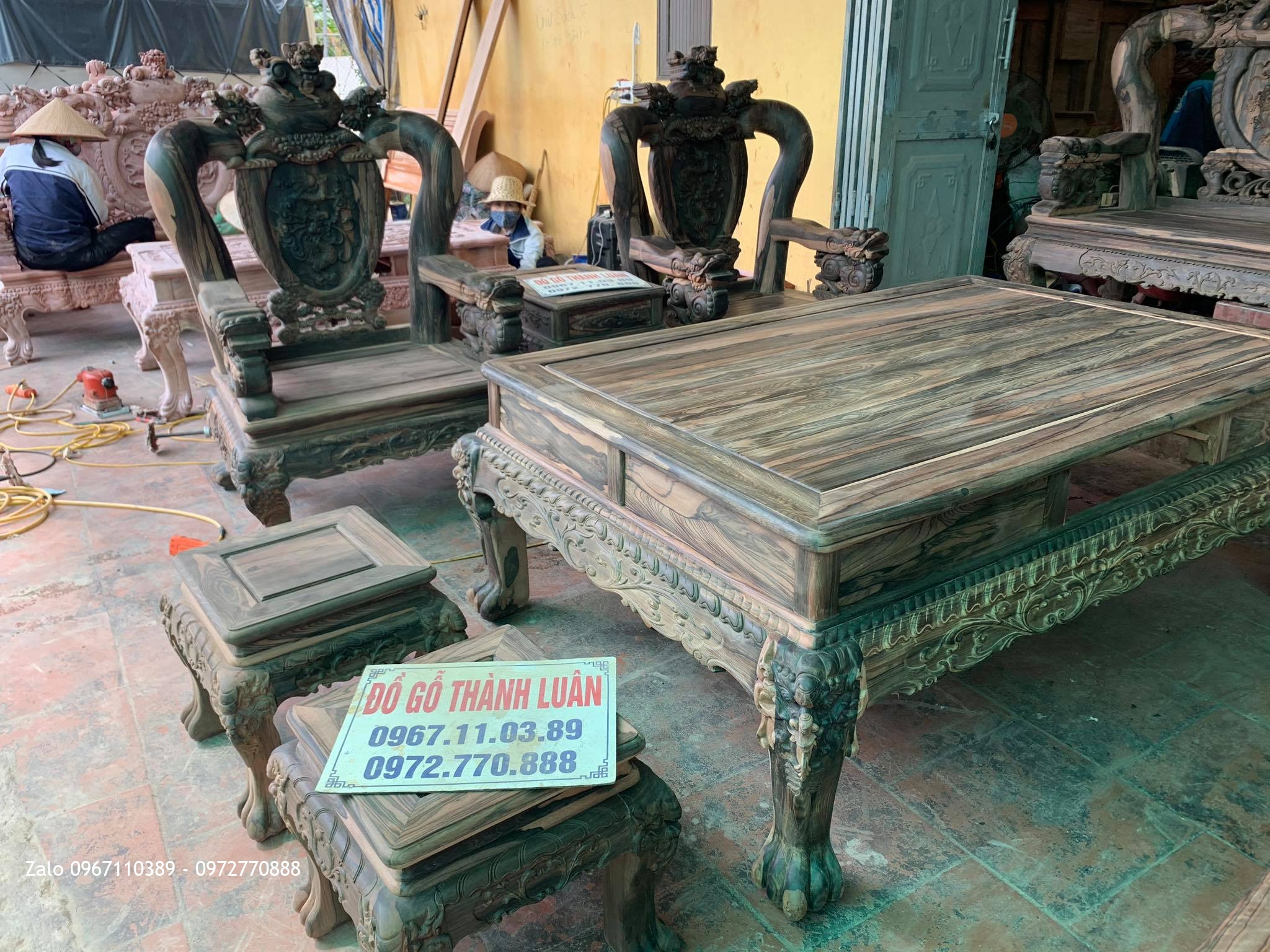 bộ bàn ghế Nghê Bảo Đỉnh gỗ MUn Cột 14 Gồm 10 Món Víp.1.