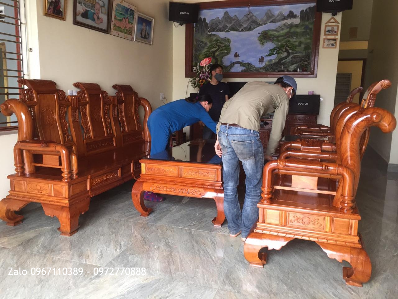 Bộ Bàn Ghế Tần Thuỷ Hoàng Cột Liền Gỗ Gõ Đỏ. Anh Phương ở Hải Phòng