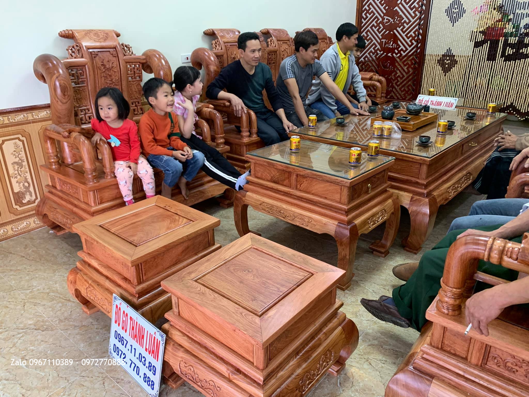 Bộ Bàn Ghế Nghê Bảo Đỉnh Gỗ Hương Đá Cột 12 Gồm 8 Món---