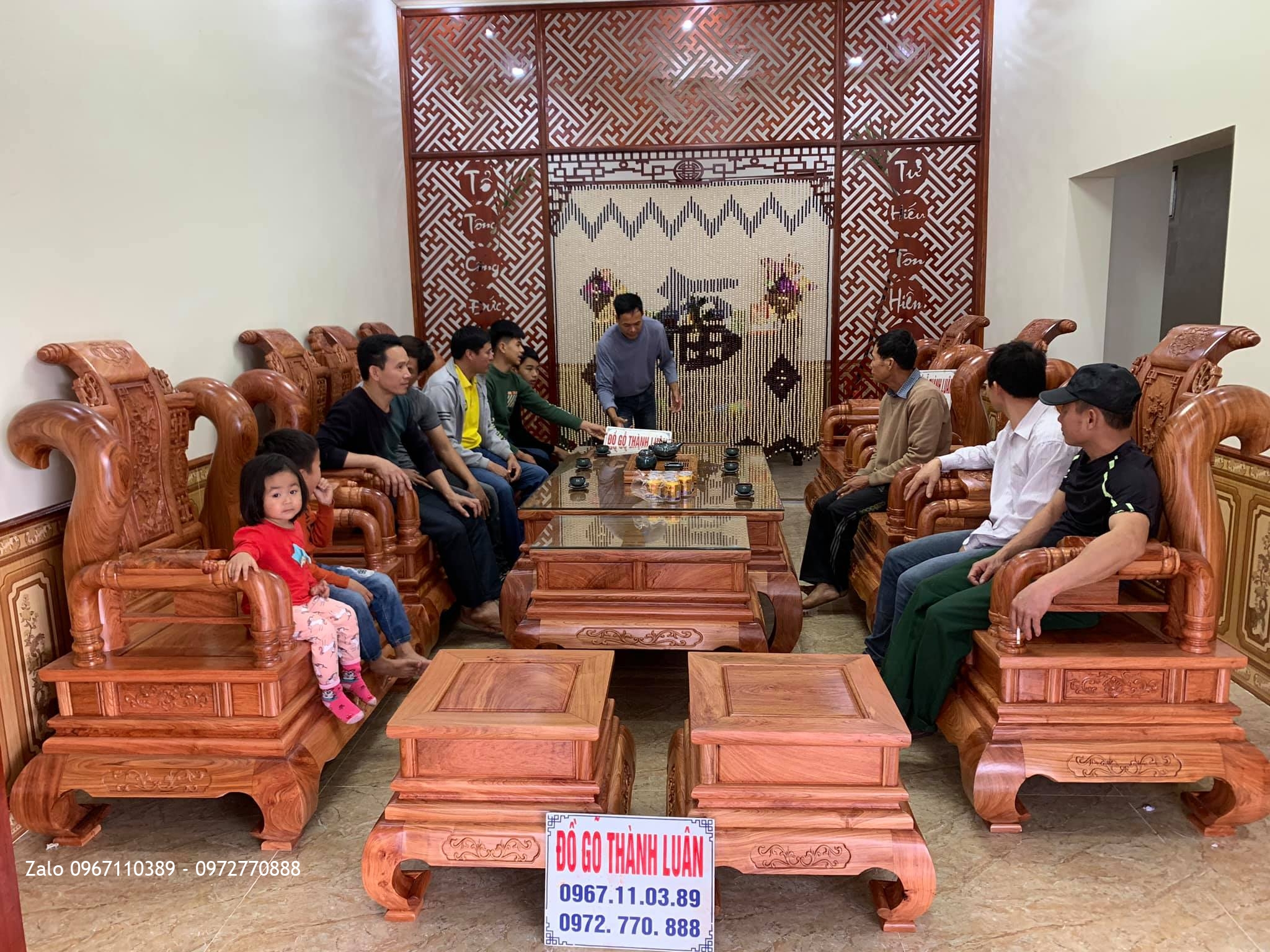 Bộ Bàn Ghế Nghê Bảo Đỉnh Gỗ Hương Đá Cột 12 Gồm 8 Món.,: