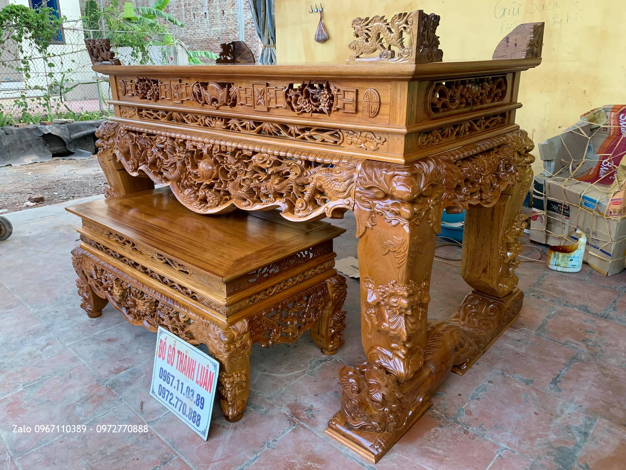 Sạp Thờ Tứ Linh Nghê Trầu Víp Gỗ Gụ bán về Thuận Thành Bắc Ninh cho gia đình a Xuân Hùng.