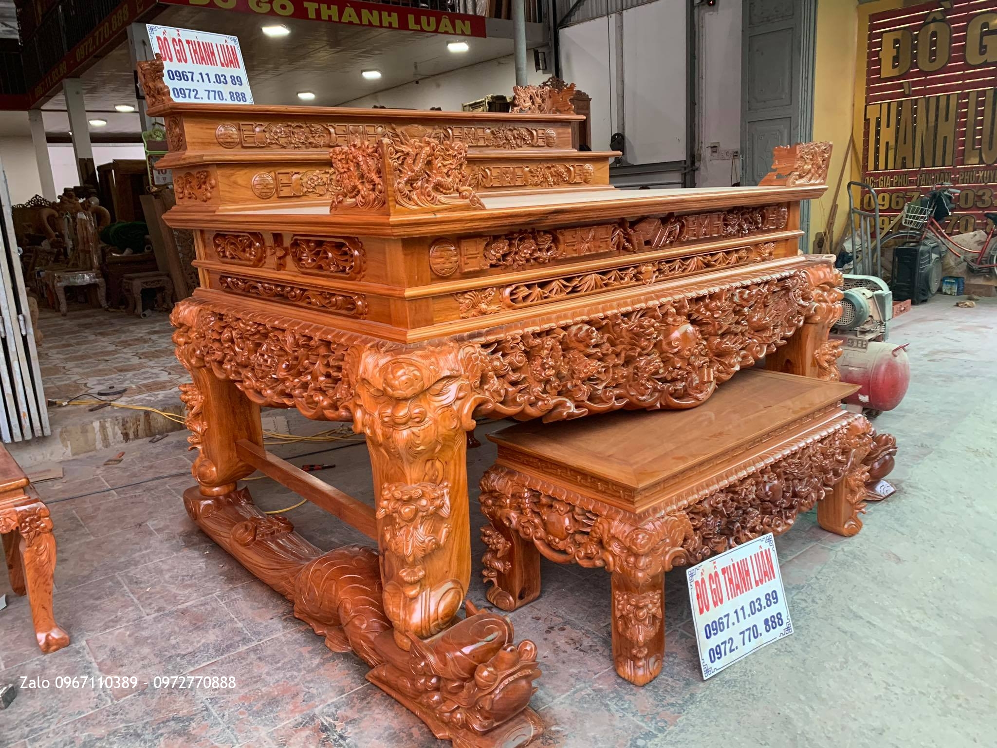 Sập Thờ Tứ Linh Nghê Trầu Tam Cấp Gỗ Gõ Đỏ SIêu Khủng-