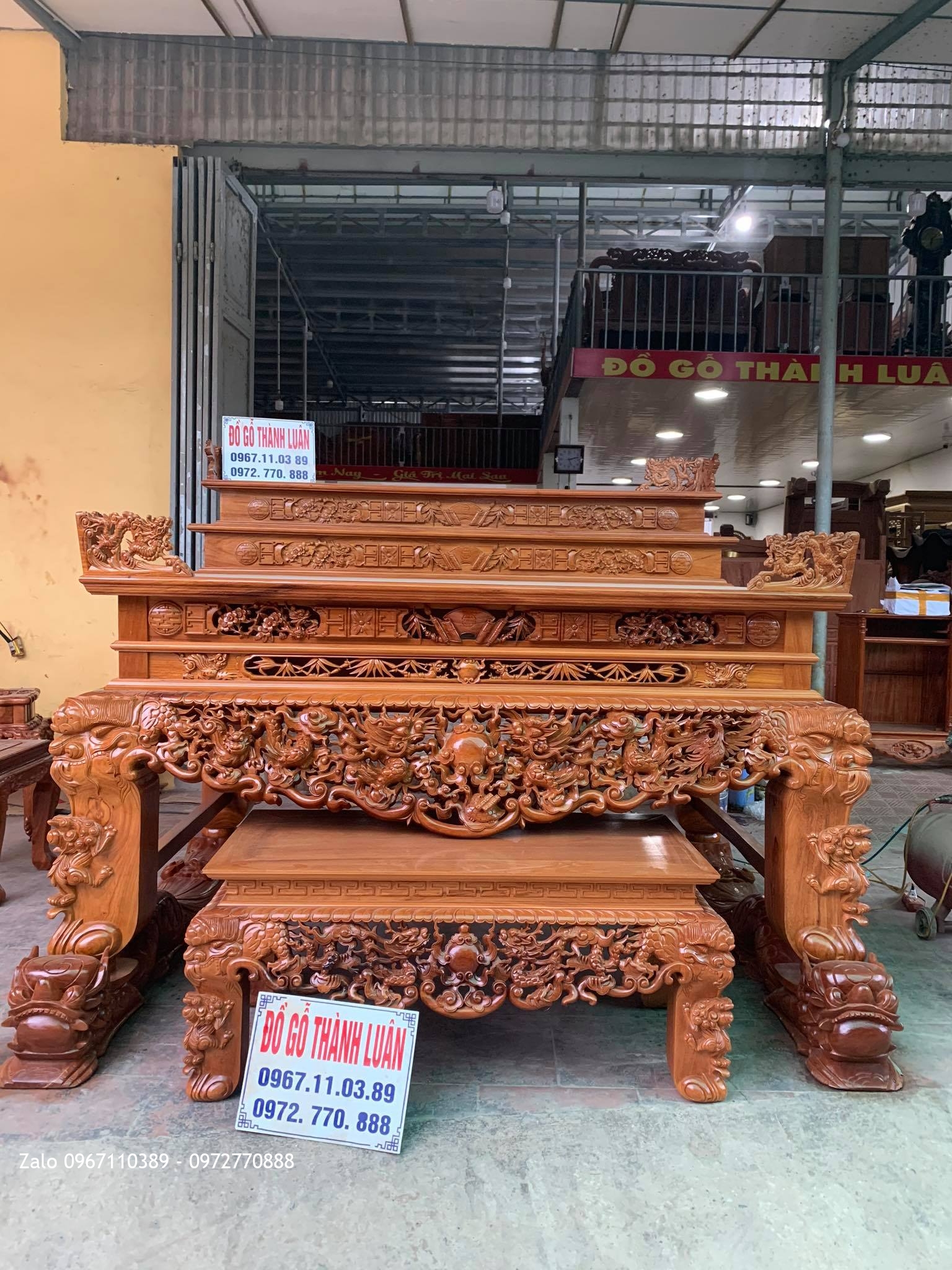 Sập Thờ Tứ Linh Nghê Trầu Tam Cấp Gỗ Gõ Đỏ SIêu Khủng.,