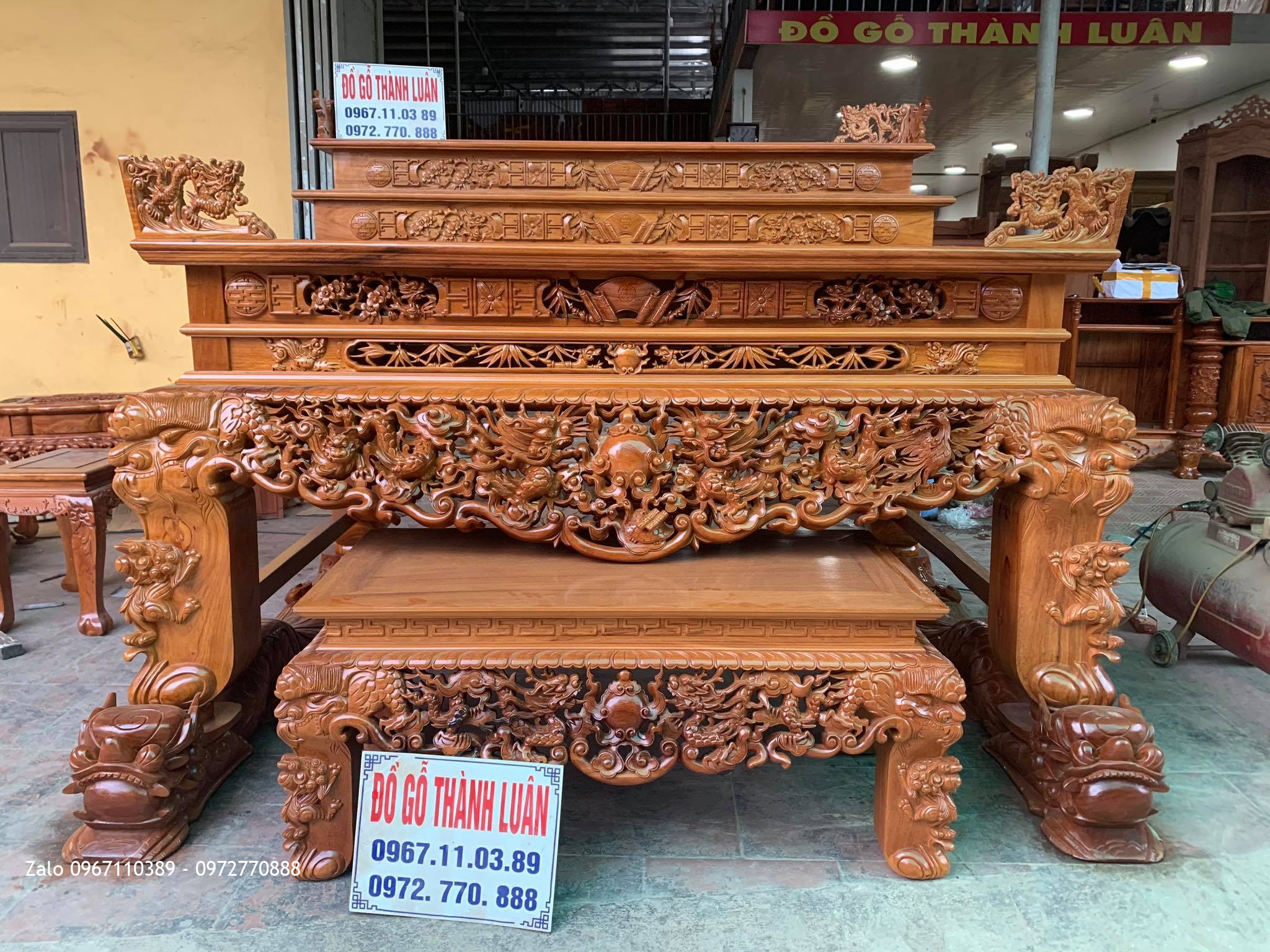 Sập Thờ Tứ Linh Nghê Trầu Tam Cấp Gỗ Gõ Đỏ SIêu Khủng.