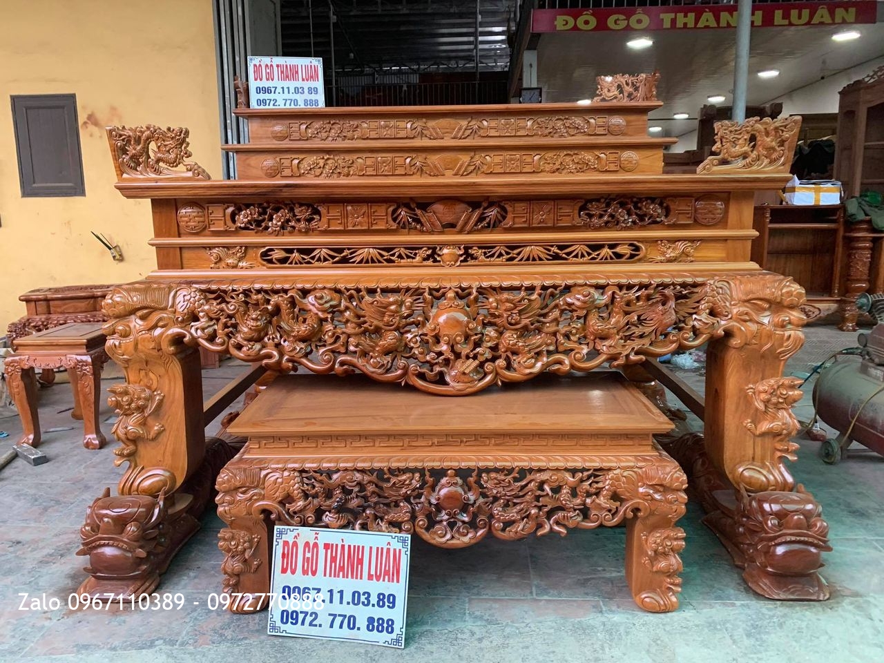 Sập Thờ Tứ Linh Nghê Trầu Tam Cấp Gỗ Gõ Đỏ SIêu Khủng