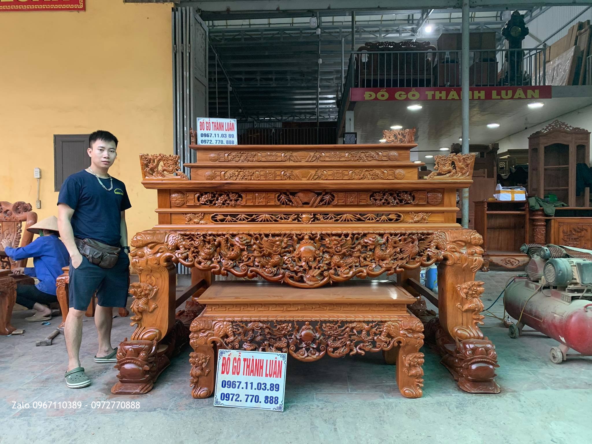 Sập Thờ Tứ Linh Nghê Trầu Tam Cấp Gỗ Gõ Đỏ SIêu Khủng:.