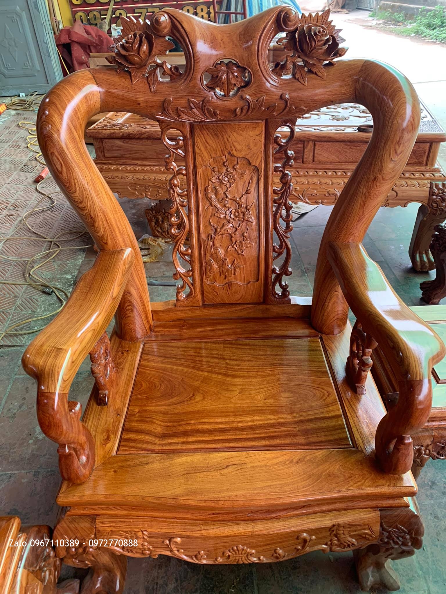 Bộ Bàn Ghế Minh Quốc Hồng Trĩ Gỗ Hương Đá cột 10 Gồm 6 Món