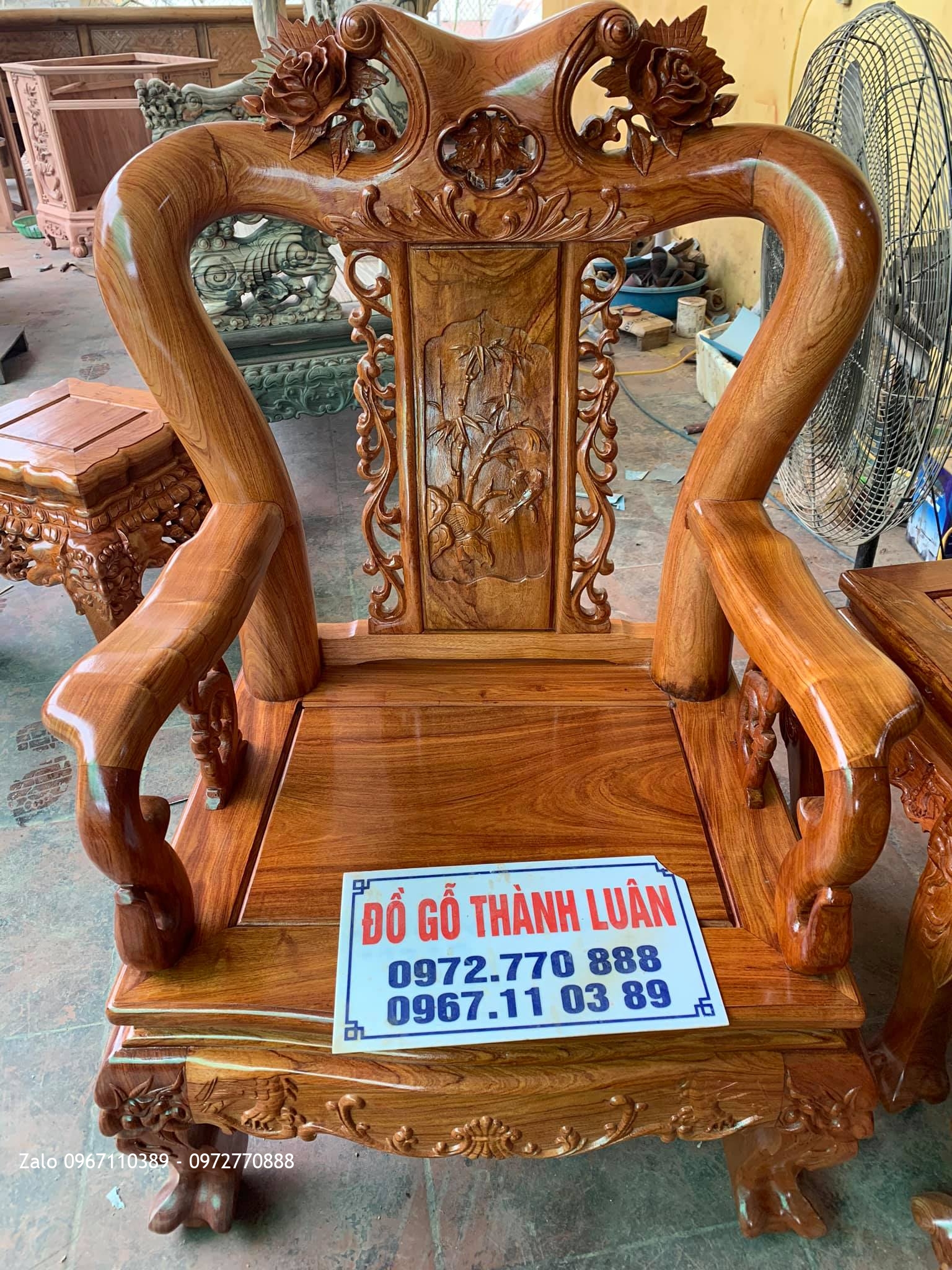 Bộ Bàn Ghế Minh Quốc Hồng Trĩ Gỗ Hương Đá cột 10 Gồm 6 Món,