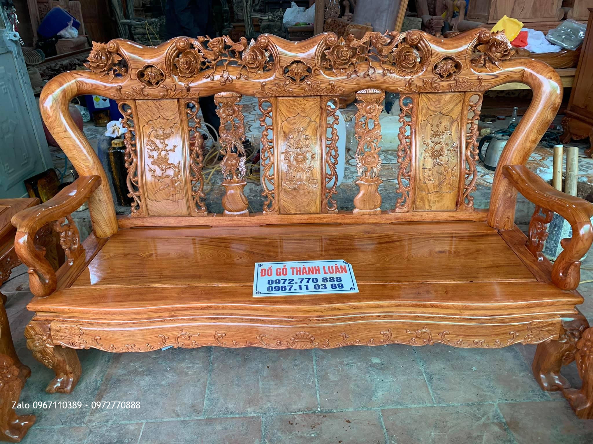 Bộ Bàn Ghế Minh Quốc Hồng Trĩ Gỗ Hương Đá cột 10 Gồm 6 Món.