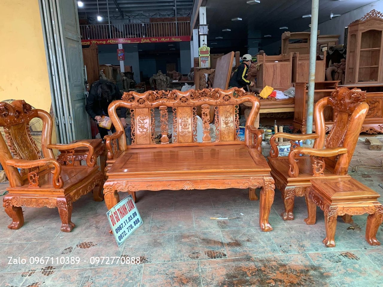 Bộ Bàn Ghế Minh Quốc Hồng Trĩ Gỗ Hương Đá cột 10 Gồm 6 Món