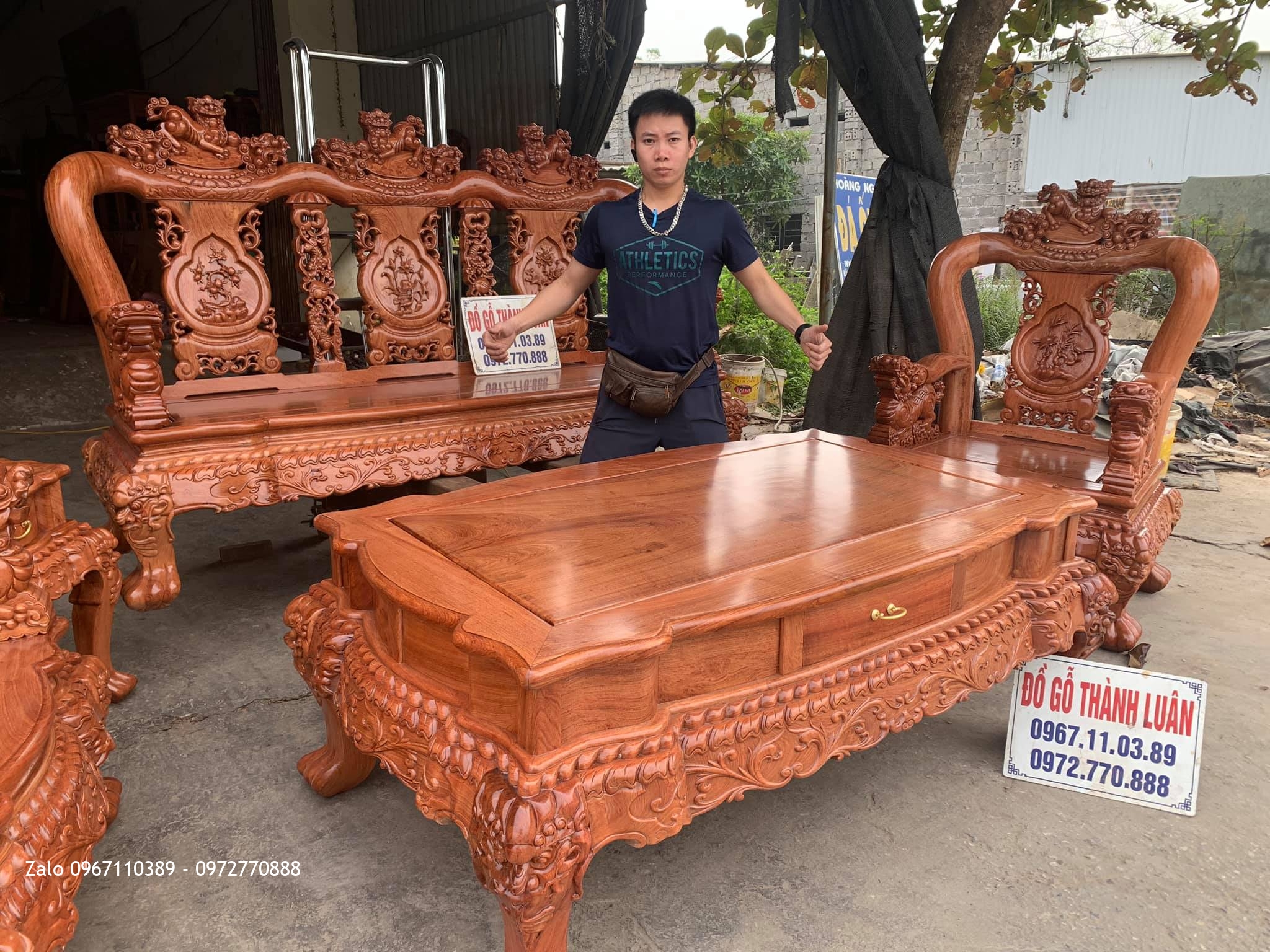 Bộ Bàn Ghế Minh Quốc Nghê Gỗ Hương Đá Yếm Cong Cột 12 Gồm 6 Món Siêu Víp