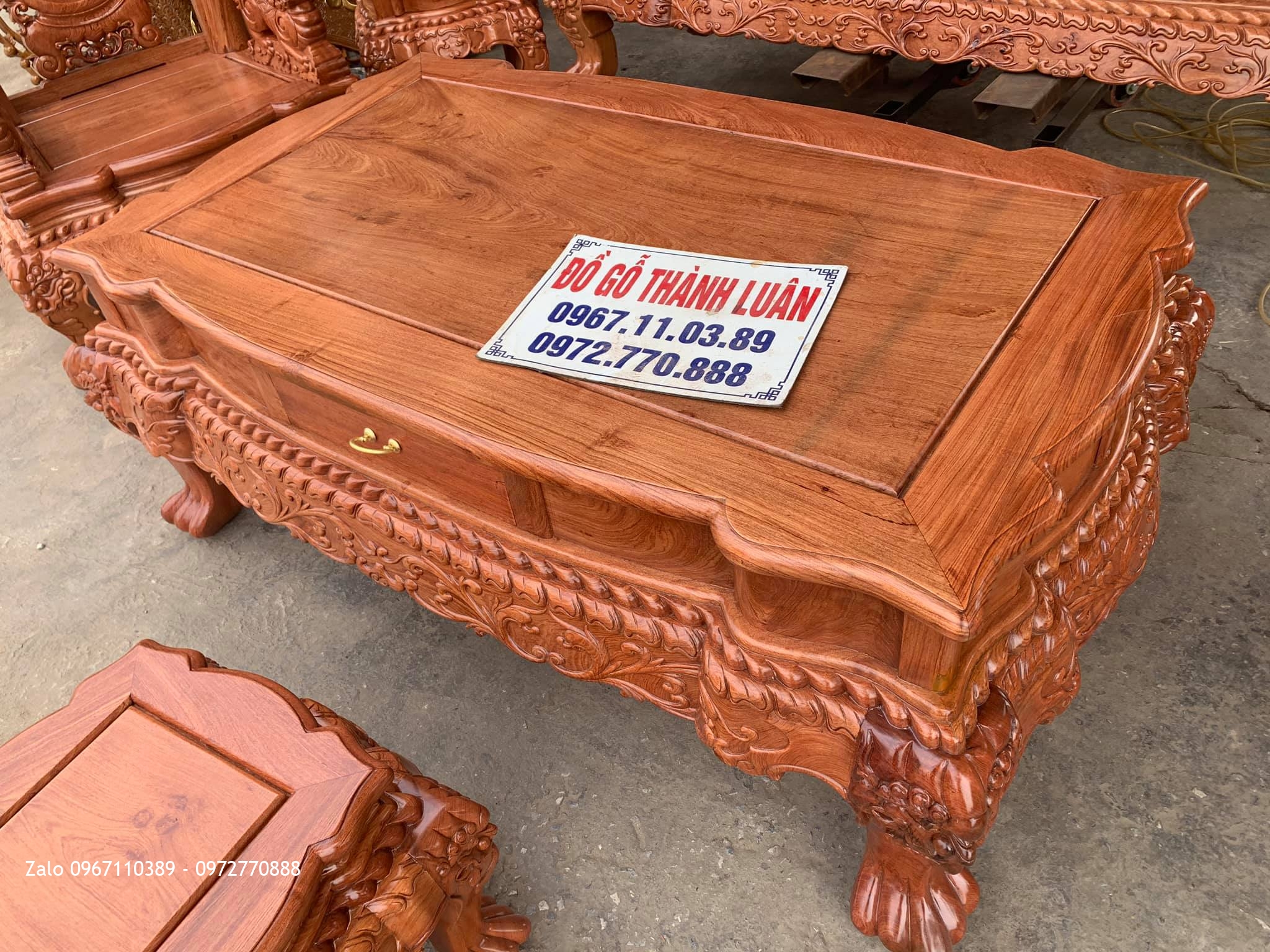 Bộ Bàn Ghế Minh Quốc Nghê Gỗ Hương Đá Yếm Cong Cột 12 Gồm 6 Món Siêu Víp  -