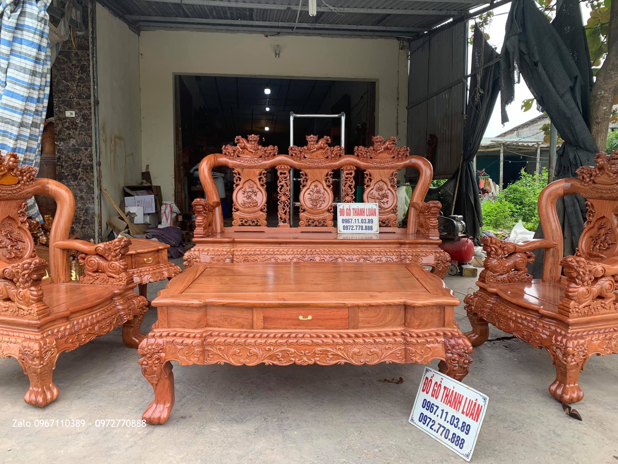 Bộ Bàn Ghế Minh Quốc Nghê Gỗ Hương Đá Yếm Cong Cột 12 Gồm 6 Món Siêu Víp  @@