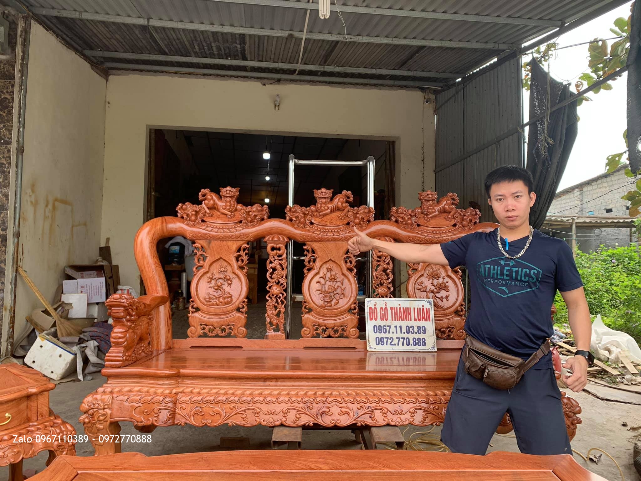 Bộ Bàn Ghế Minh Quốc Nghê Gỗ Hương Đá Yếm Cong Cột 12 Gồm 6 Món Siêu Víp  :