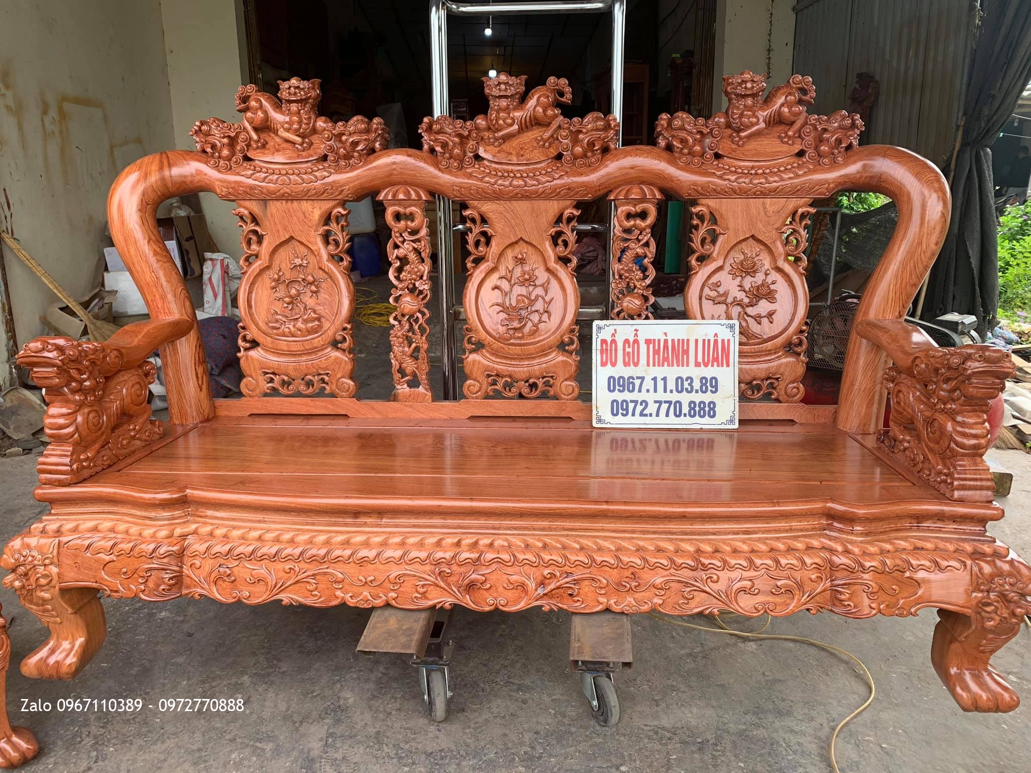 Bộ Bàn Ghế Minh Quốc Nghê Gỗ Hương Đá Yếm Cong Cột 12 Gồm 6 Món Siêu Víp  ::