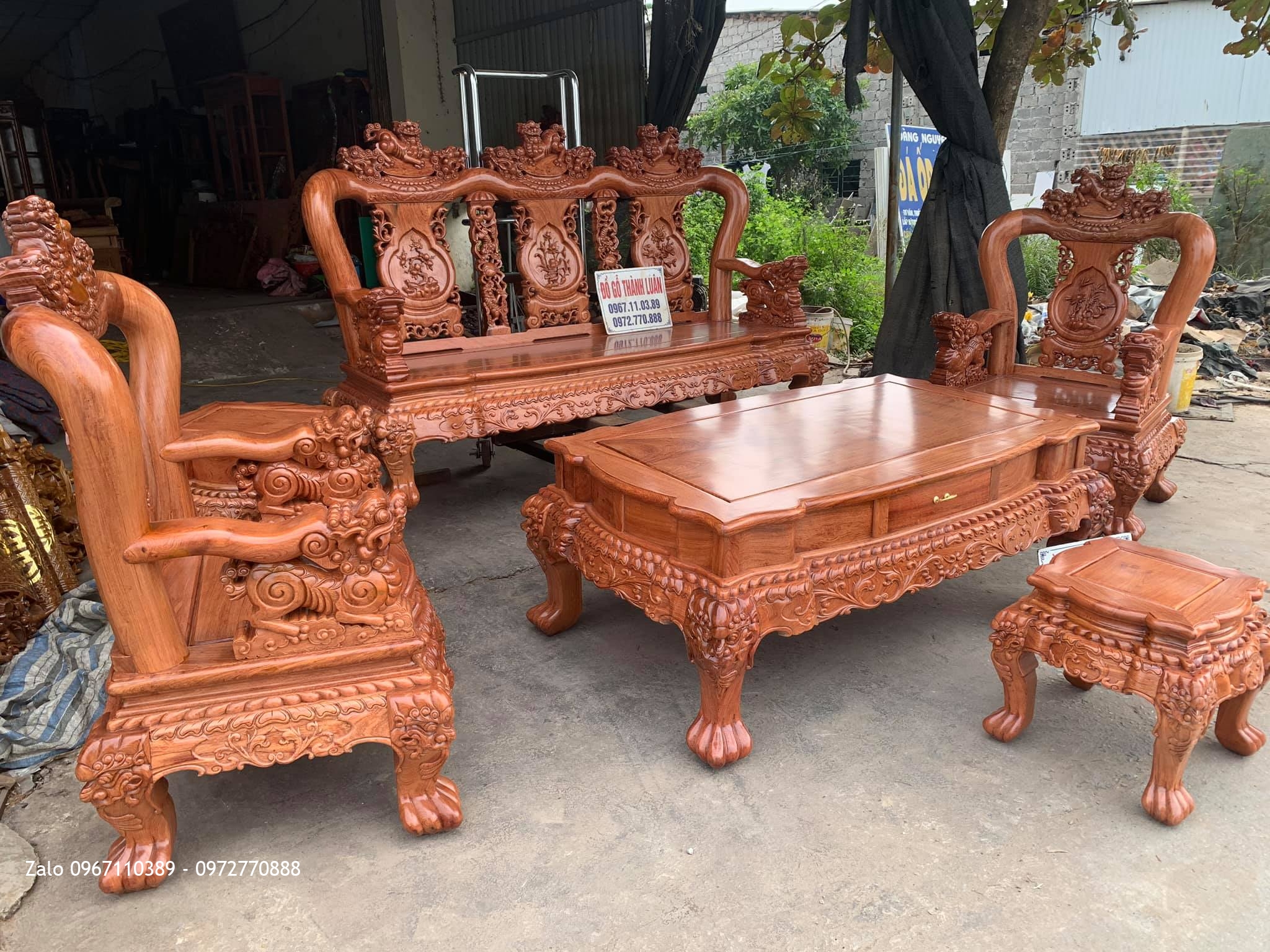 Bộ Bàn Ghế Minh Quốc Nghê Gỗ Hương Đá Yếm Cong Cột 12 Gồm 6 Món Siêu Víp  ^