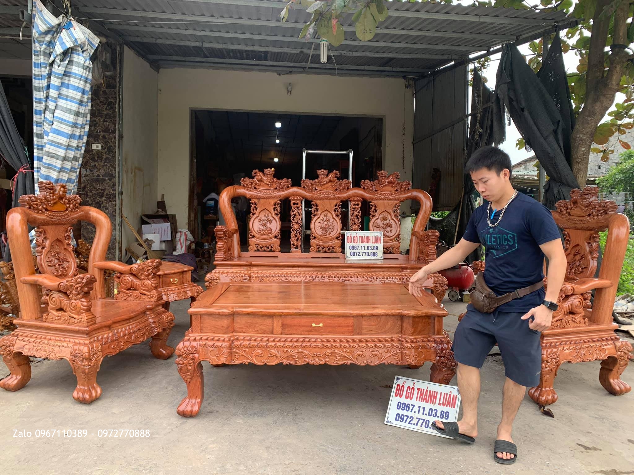 Bộ Bàn Ghế Minh Quốc Nghê Gỗ Hương Đá Yếm Cong Cột 12 Gồm 6 Món Siêu Víp  ^^