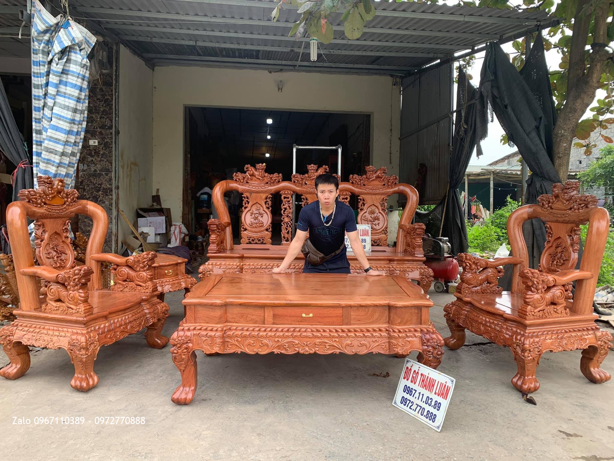 Bộ Bàn Ghế Minh Quốc Nghê Gỗ Hương Đá Yếm Cong Cột 12 Gồm 6 Món Siêu Víp  ^^^