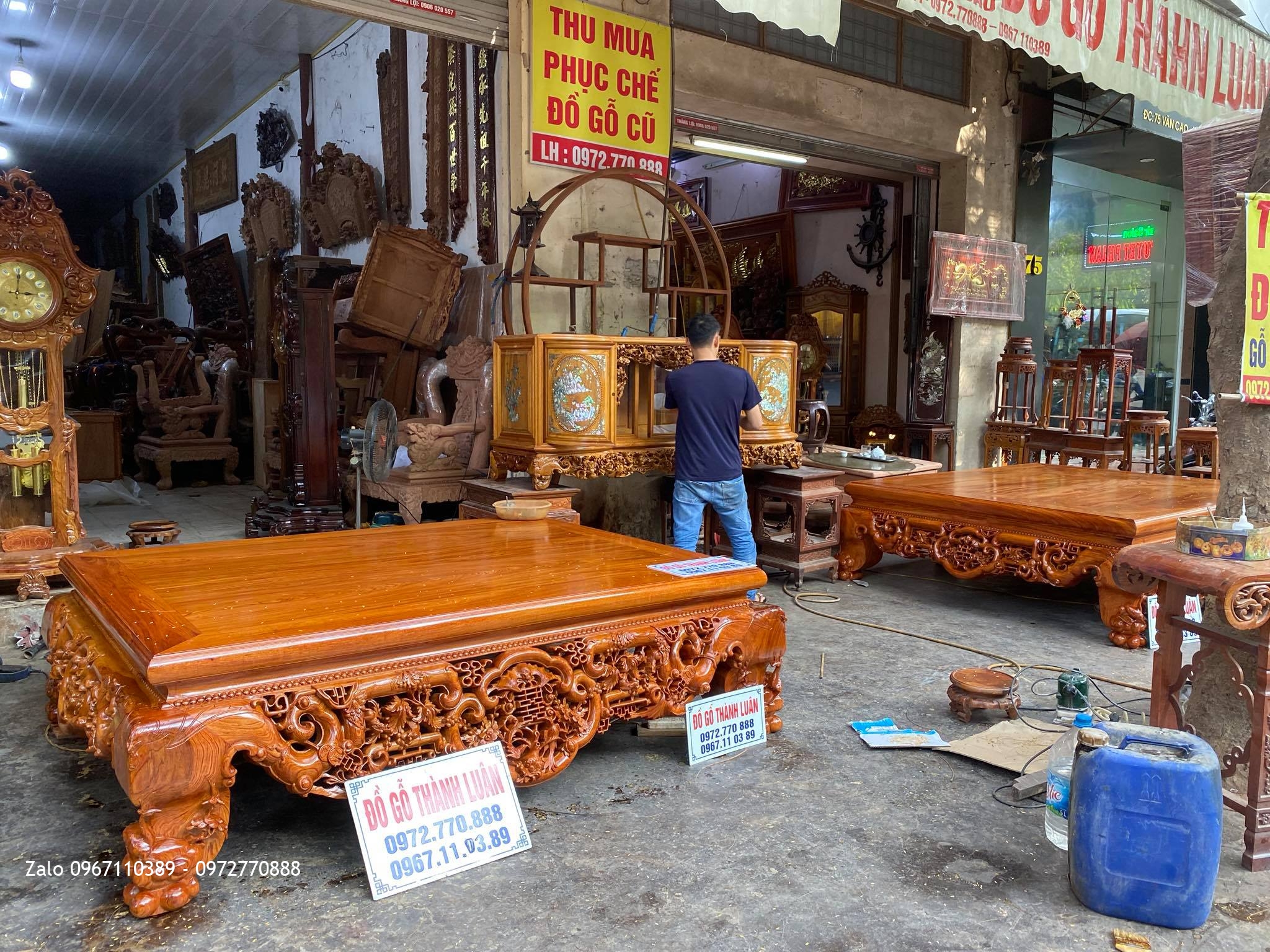 2 sập ngũ phúc Tùng Lộc gỗ hương đá Nam Phi