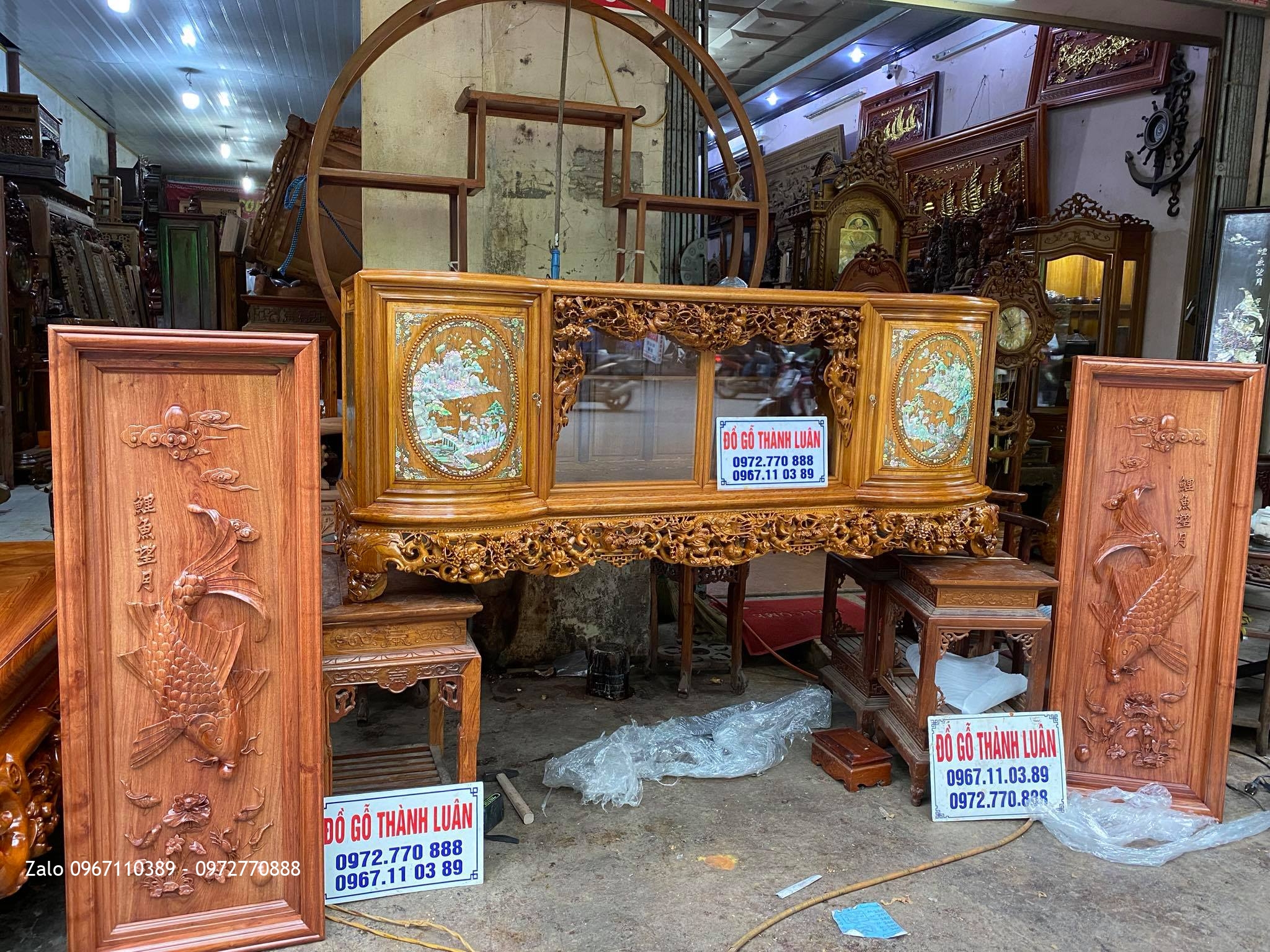 2 sập ngũ phúc Tùng Lộc gỗ hương đá Nam Phi..