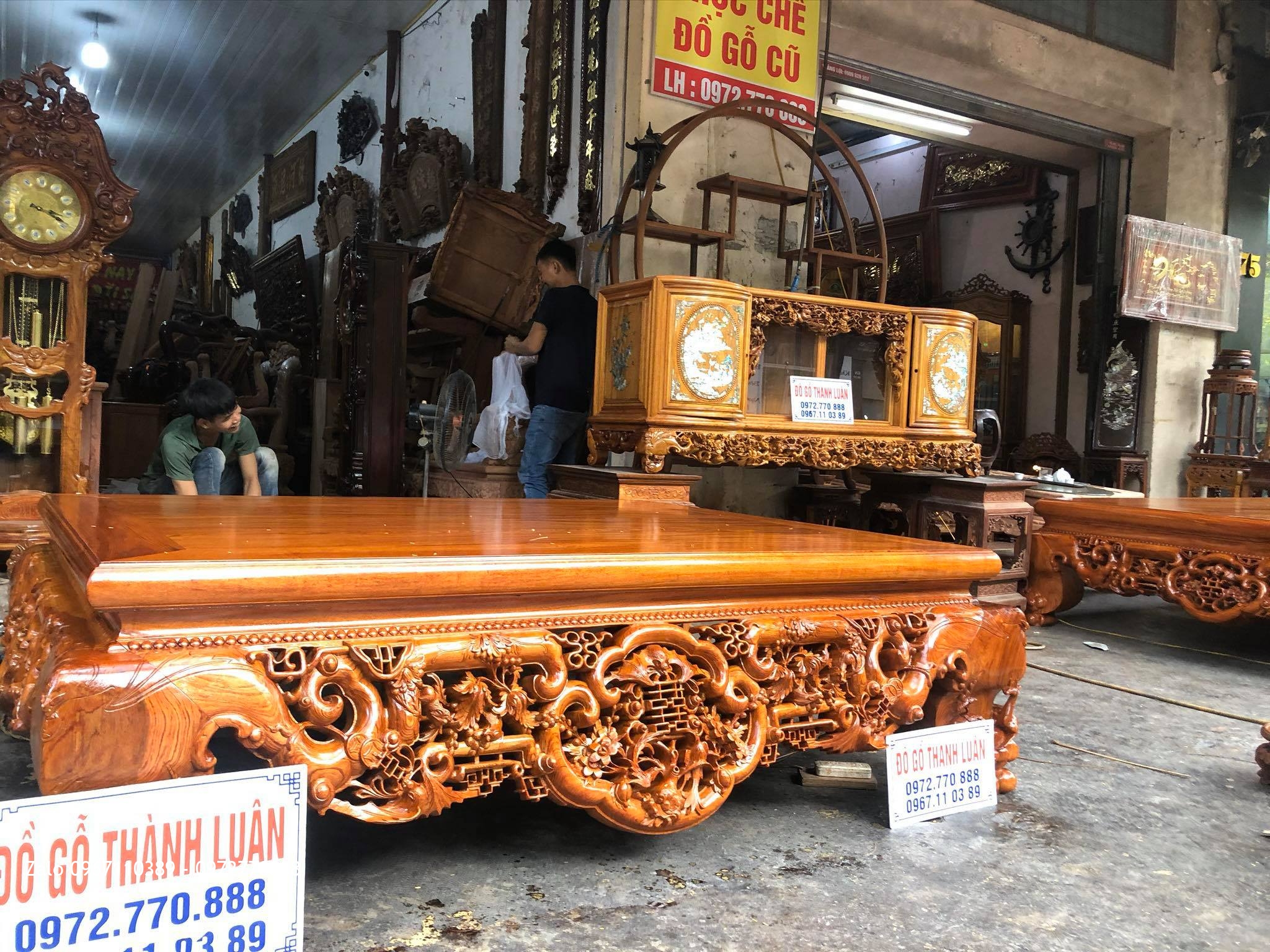 2 sập ngũ phúc Tùng Lộc gỗ hương đá Nam Phi.