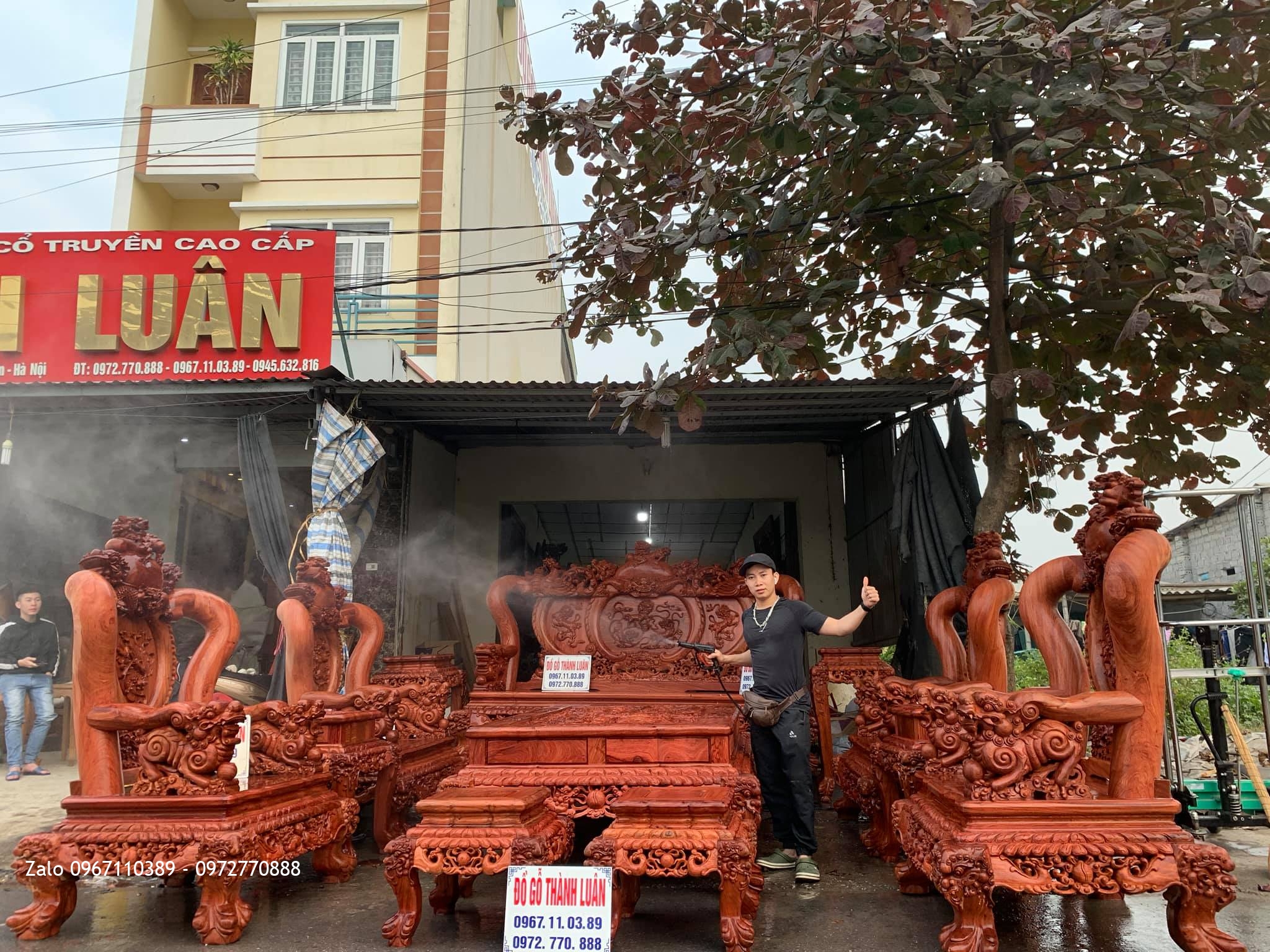Bộ Bàn Ghế Nghê Bảo Đỉnh Cột 17 Chân 19 Gỗ Hương 12 Món...