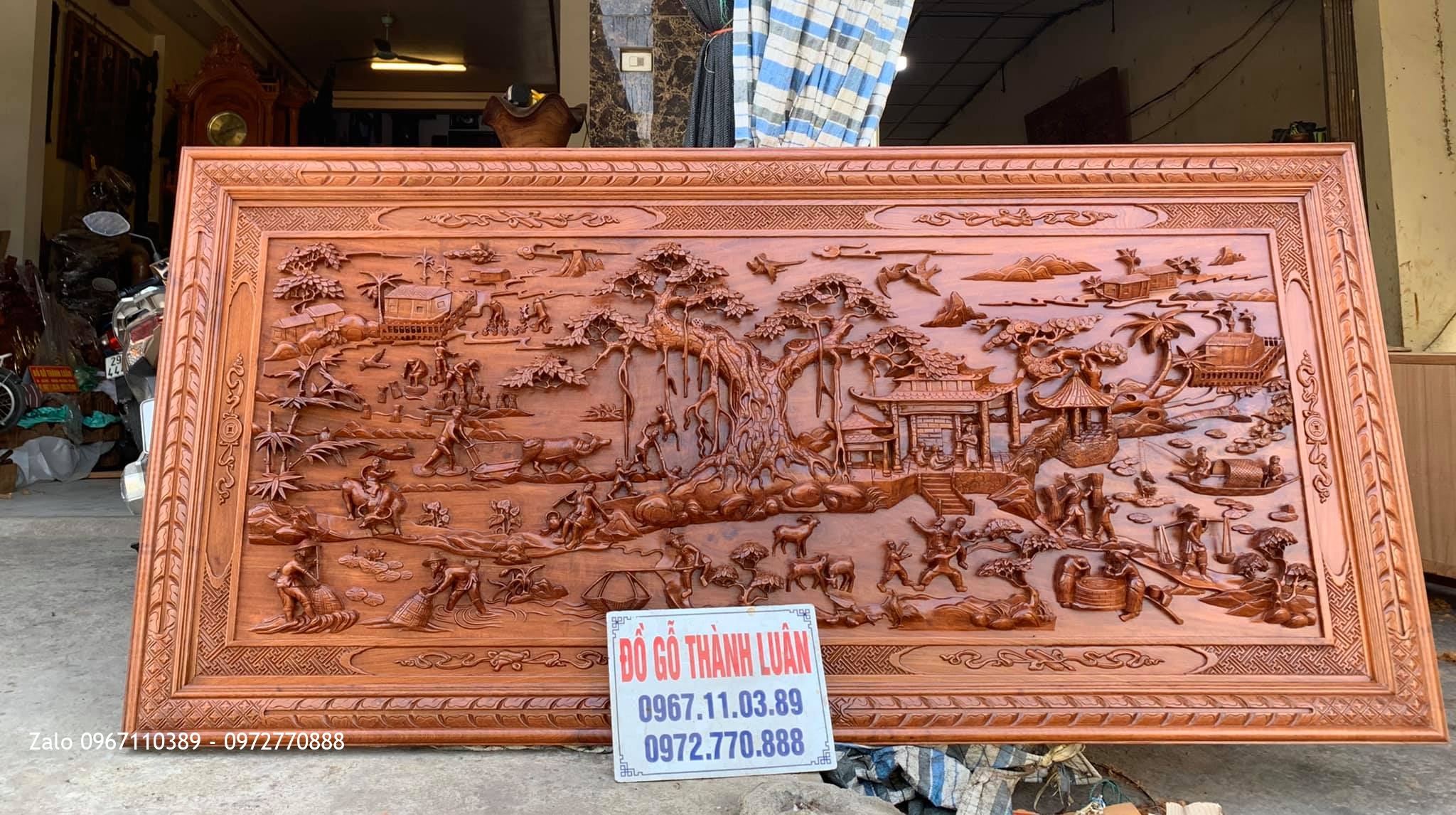 Tranh Đồng Quê Gỗ Hương Đá Đục Trạm Thủ Công. A Tuấn Quận 6. TPHCM.