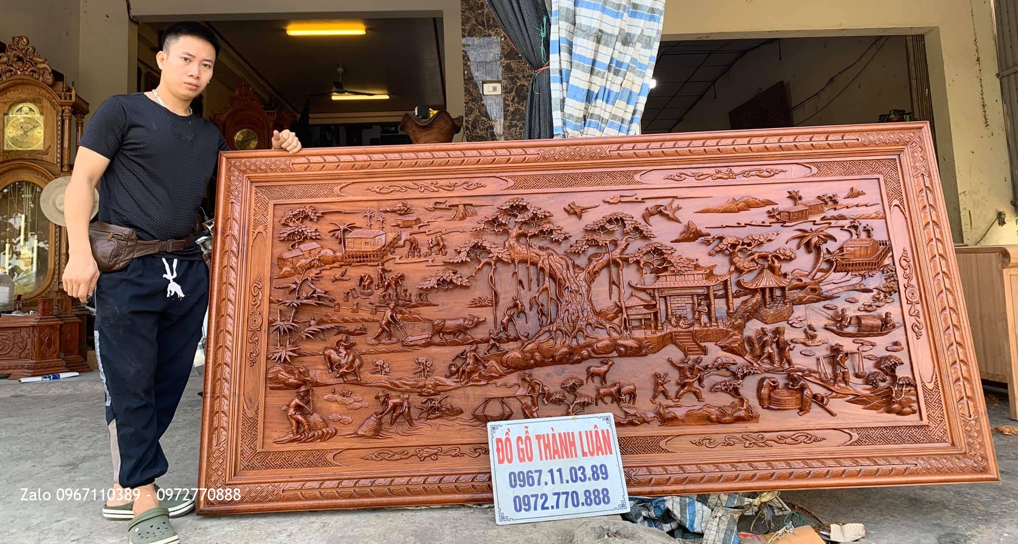 Tranh Đồng Quê Gỗ Hương Đá Đục Trạm Thủ Công. A Tuấn Quận 6. TPHCM: