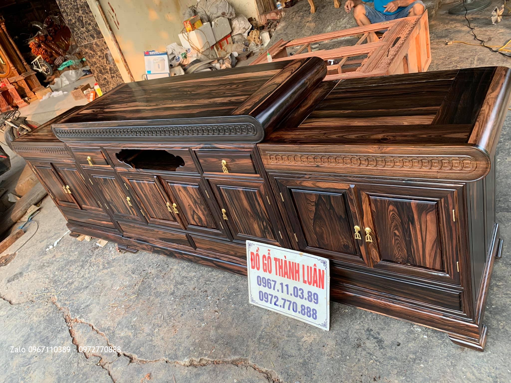 Kệ Tivi Gỗ Mun Kiểu Mõ Đồng Tiền Vip. A Minh Phố Tía, Thường Tín, HN: