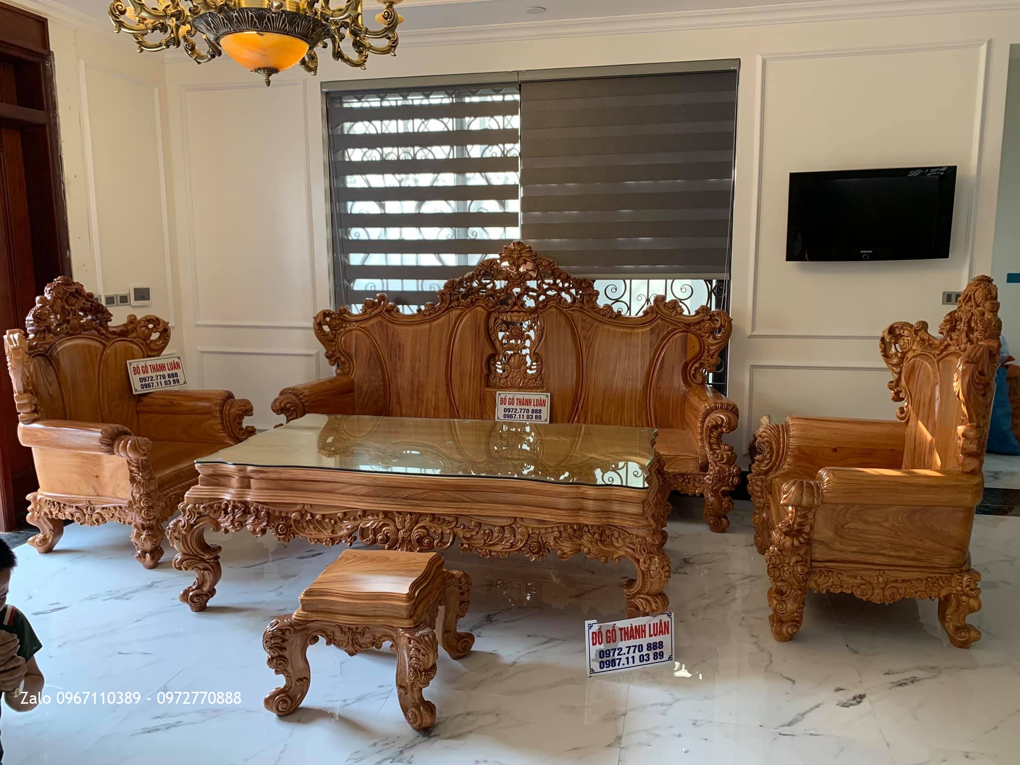 Bộ Ghế Hoàng Gia (Louis) Khủng Gỗ Gõ Tại KĐT Đặng Xá Gia Lâm HN.