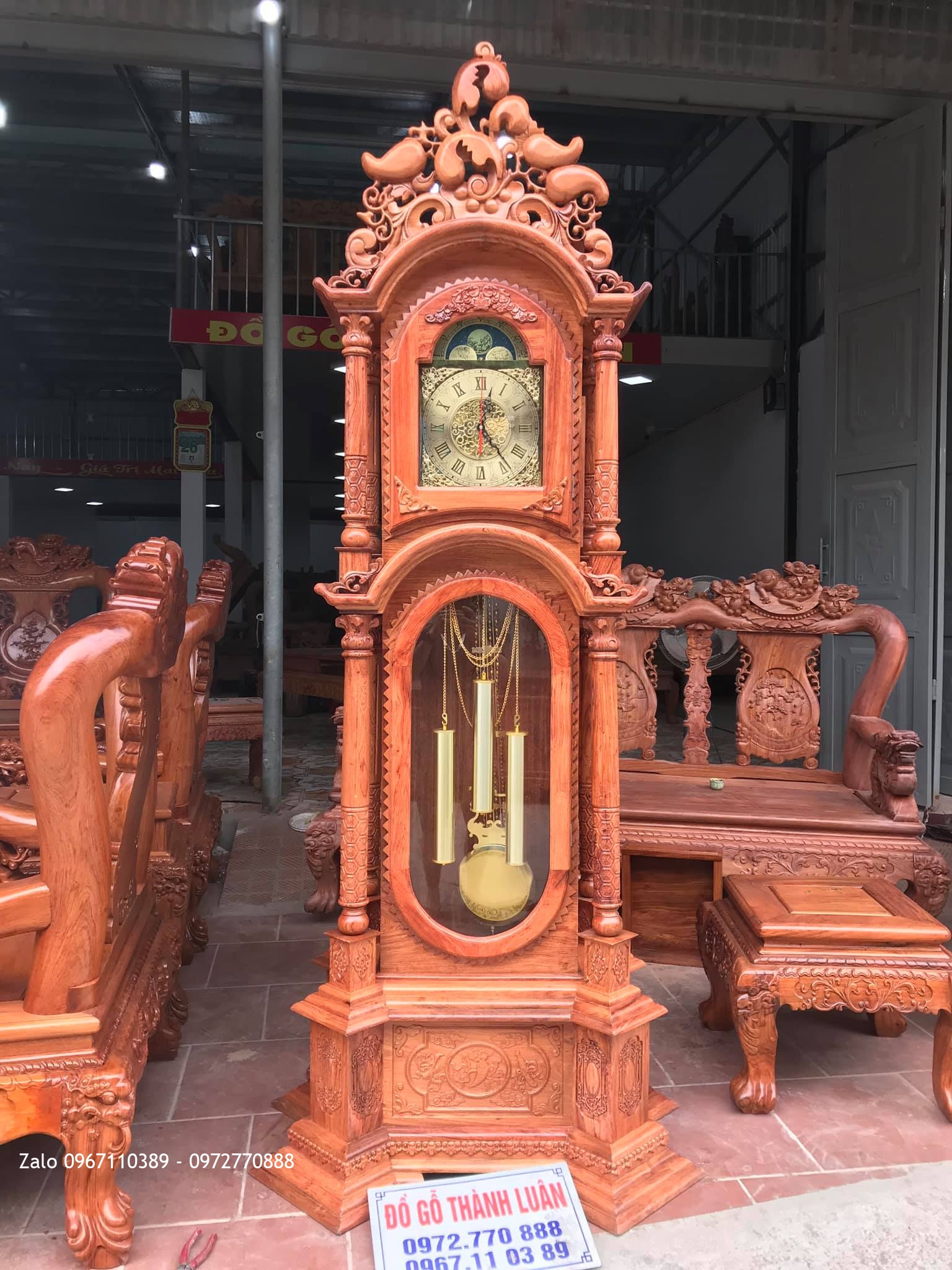 Đồng Hồ 8 Trụ Gỗ Hương Đá