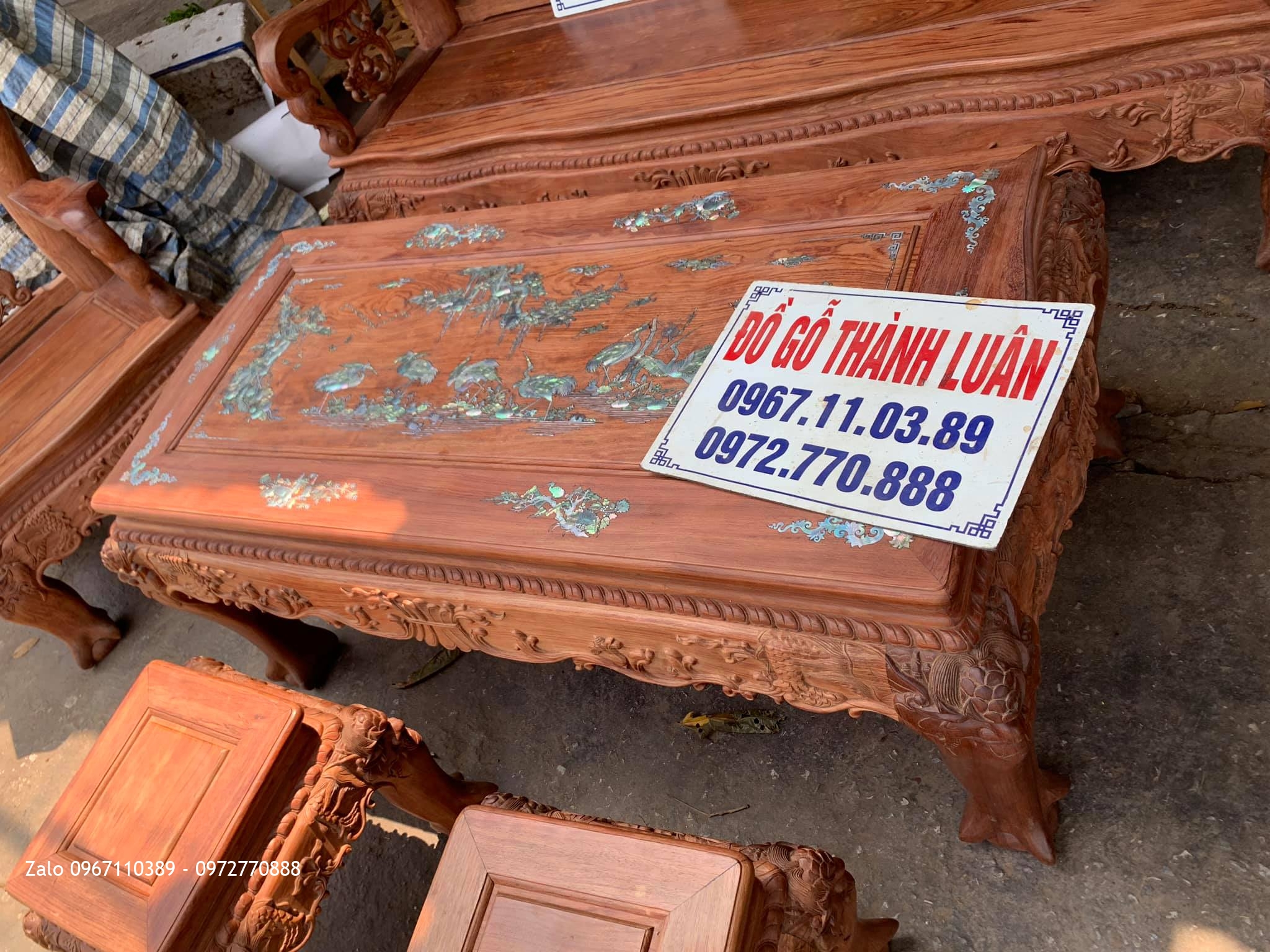 Bộ Bàn Ghế Minh Quốc Đào Chim Yếm Cong Khảm Ốc Đỏ Gỗ Cẩm Lai Vân Víp