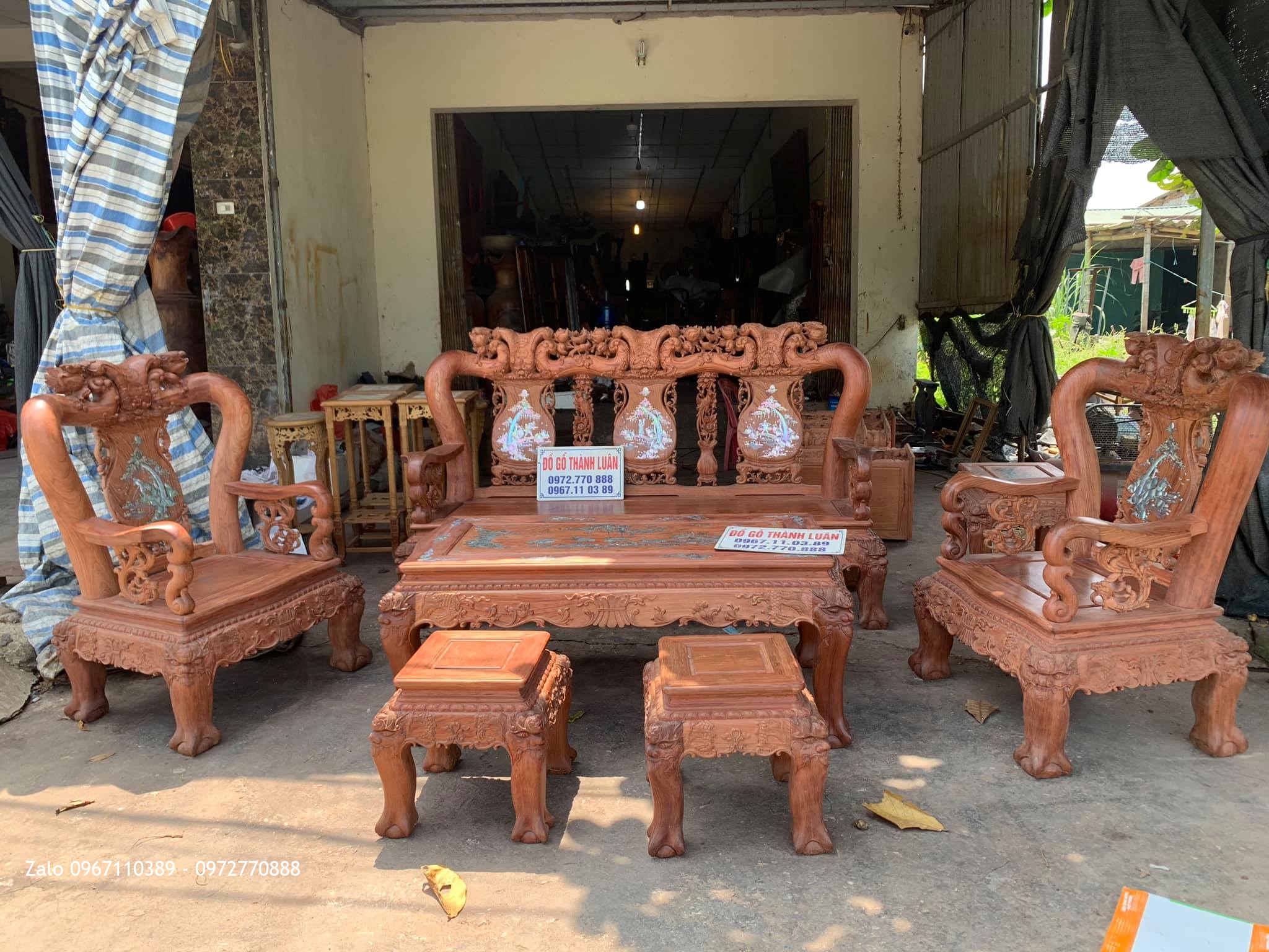 Bộ Bàn Ghế Minh Quốc Đào Chim Yếm Cong Khảm Ốc Đỏ Gỗ Cẩm Lai Vân Víp