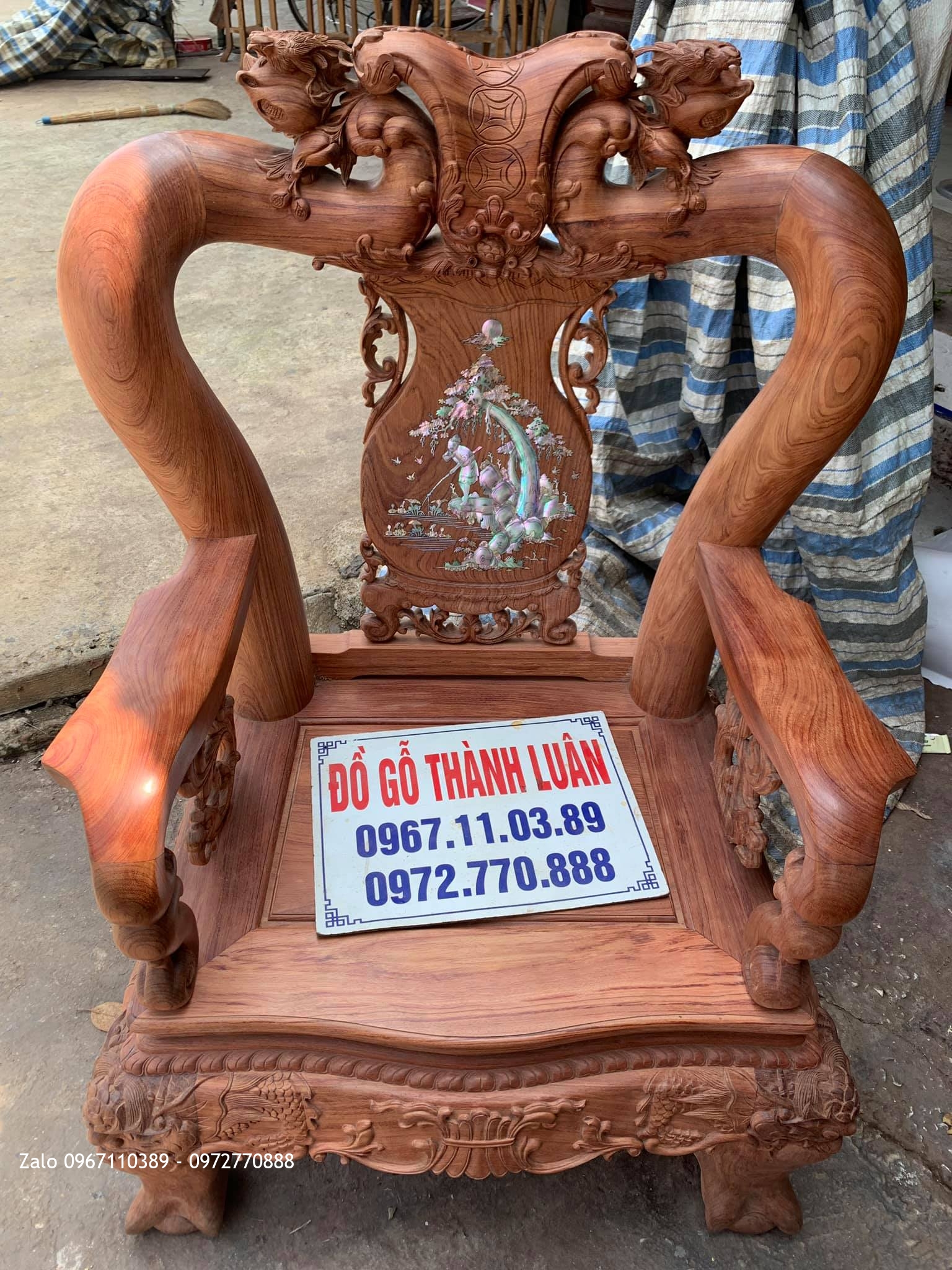 Bộ Bàn Ghế Minh Quốc Đào Chim Yếm Cong Khảm Ốc Đỏ Gỗ Cẩm Lai Vân Víp.