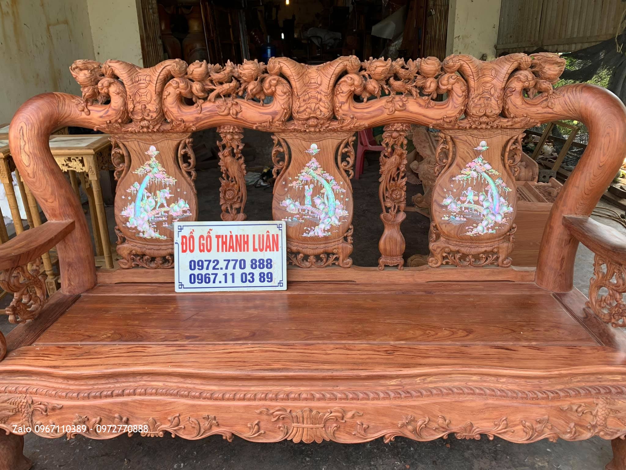 Bộ Bàn Ghế Minh Quốc Đào Chim Yếm Cong Khảm Ốc Đỏ Gỗ Cẩm Lai Vân Víp..