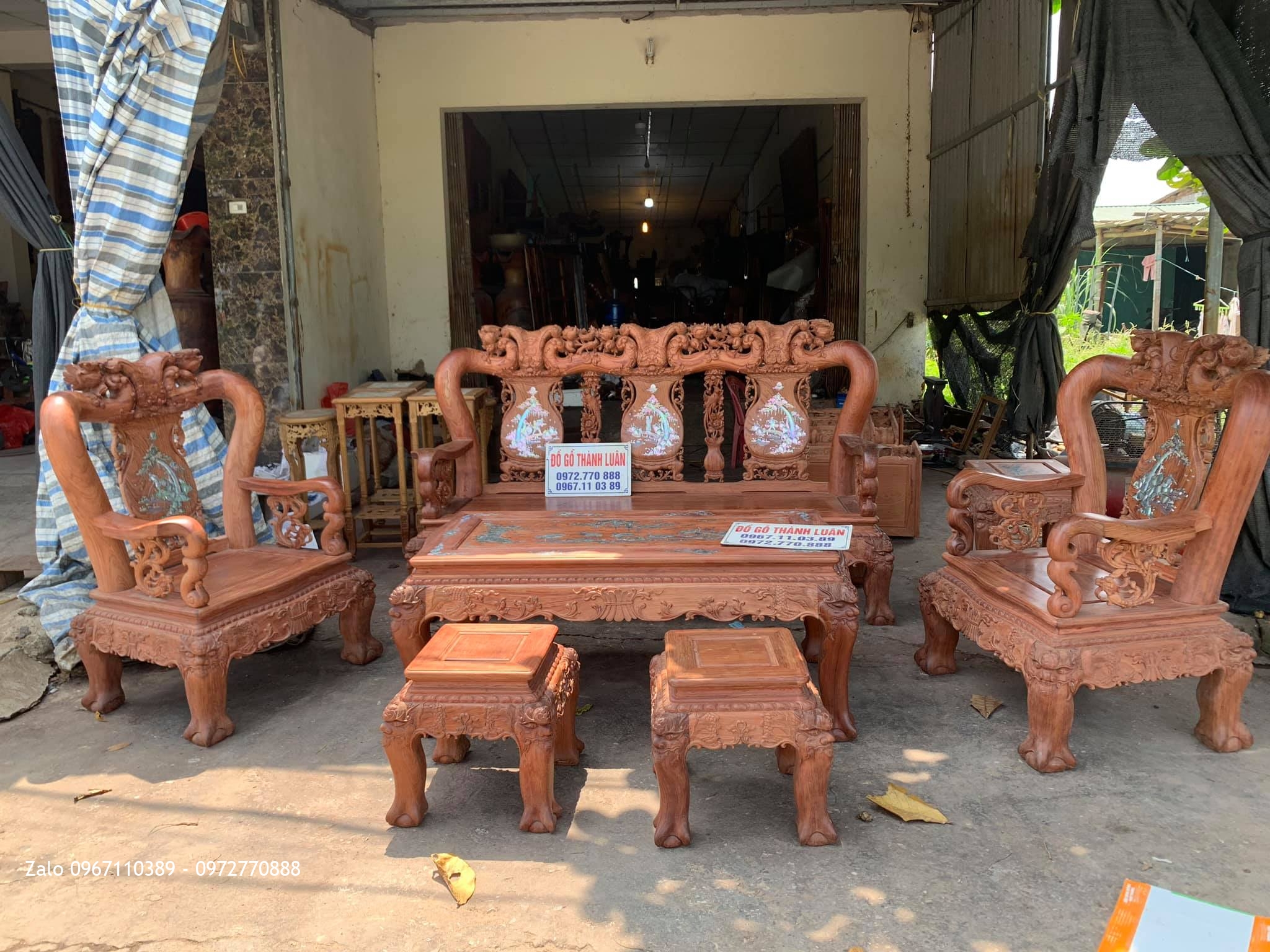 Bộ Bàn Ghế Minh Quốc Đào Chim Yếm Cong Khảm Ốc Đỏ Gỗ Cẩm Lai Vân Víp