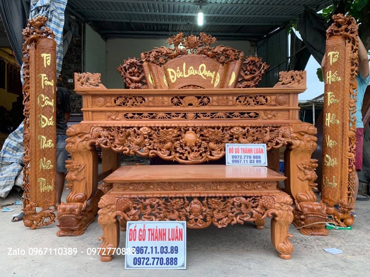Bộ Sập Thờ Tứ Linh Nghê Trầu Nhị Cấp Gỗ Gõ Đỏ Siêu Khủng. Chú Long - Văn Giang Hưng Yên.