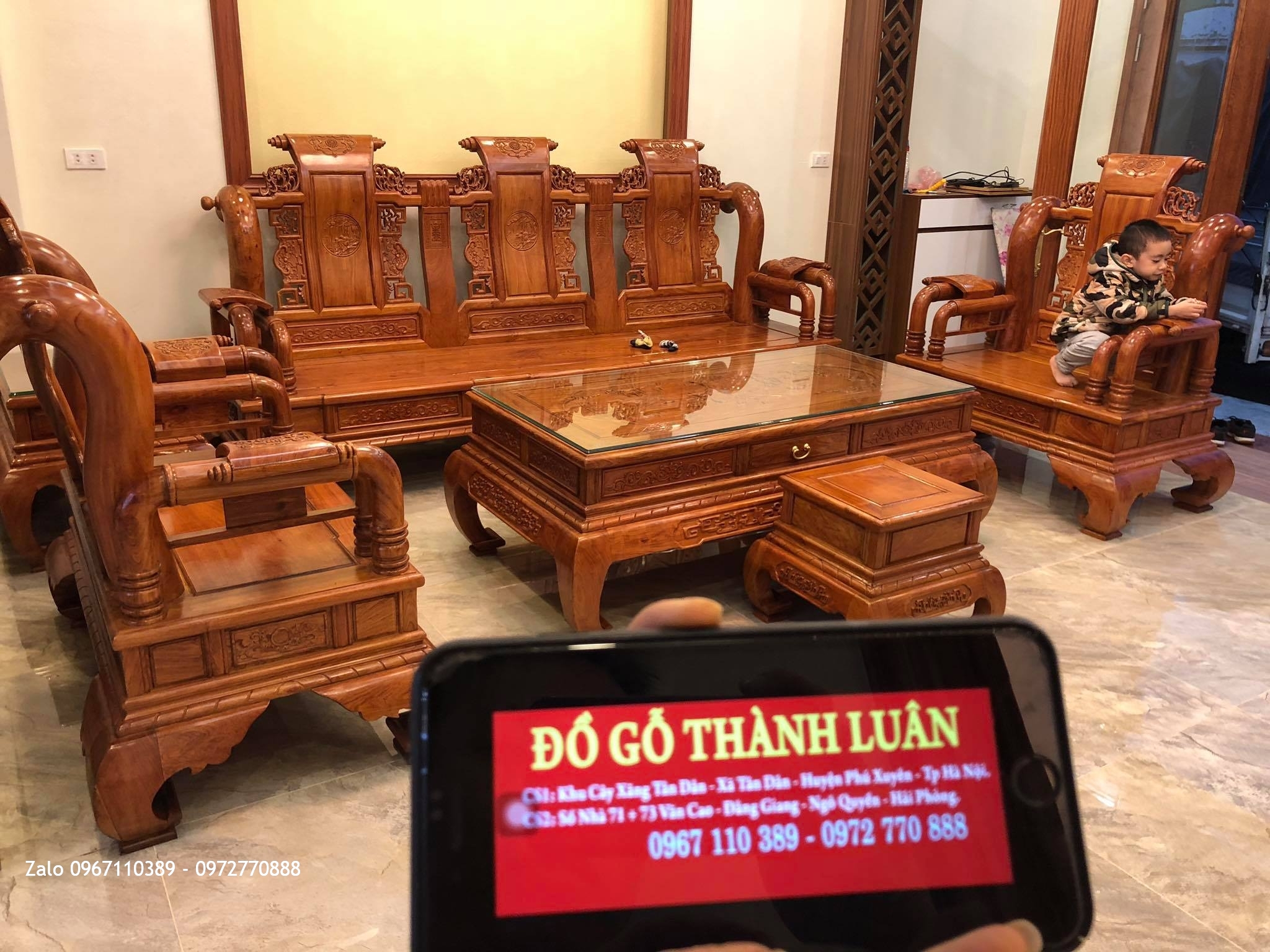 Bộ Bàn Ghế Tần Thuỷ Hoàng Cột 12 Liền Gỗ Hương Đá VÍP , Anh Hưng Hà Đông Hà Nội