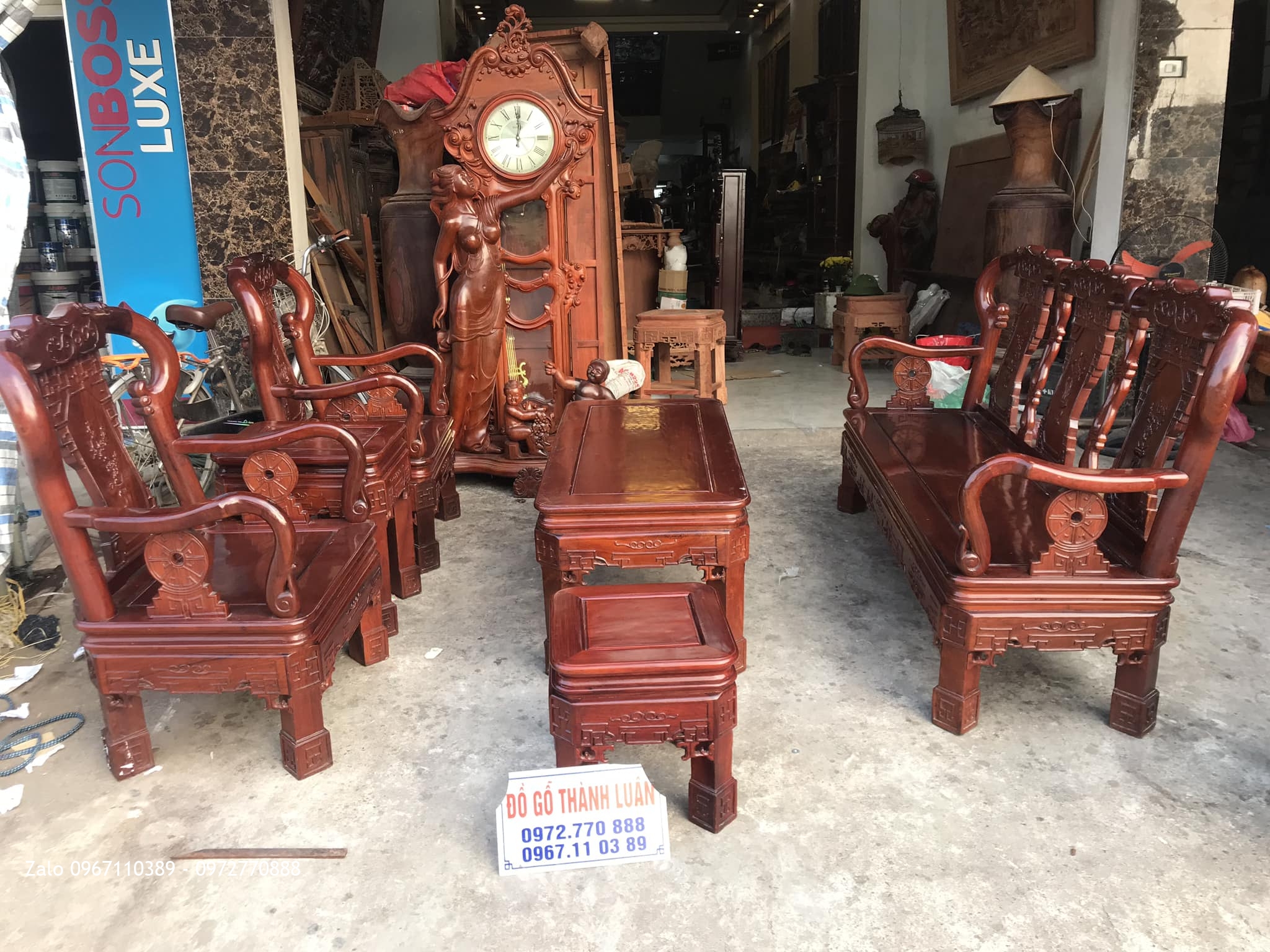 Bộ Bàn Ghế Quốc Triện Gỗ Hương Đỏ Lào Tay 8 Gồm 6 Món (Hàng Tái Sử Dụng)